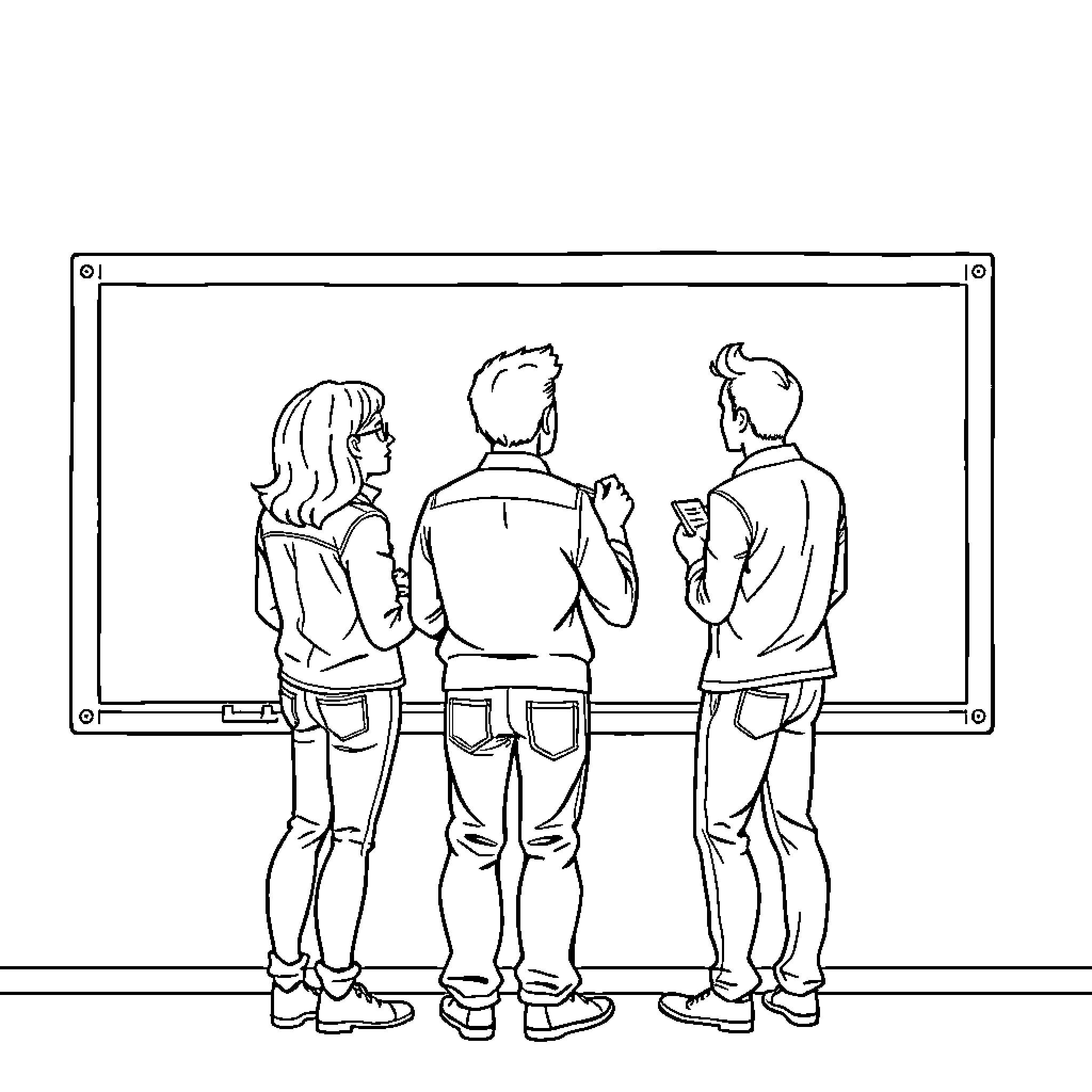 Adult friends discussing in front of a whiteboard Coloring Page (free black-and-white line drawing printable PDF for all, from beginners to advanced learners, including children, teens, adults, and seniors)