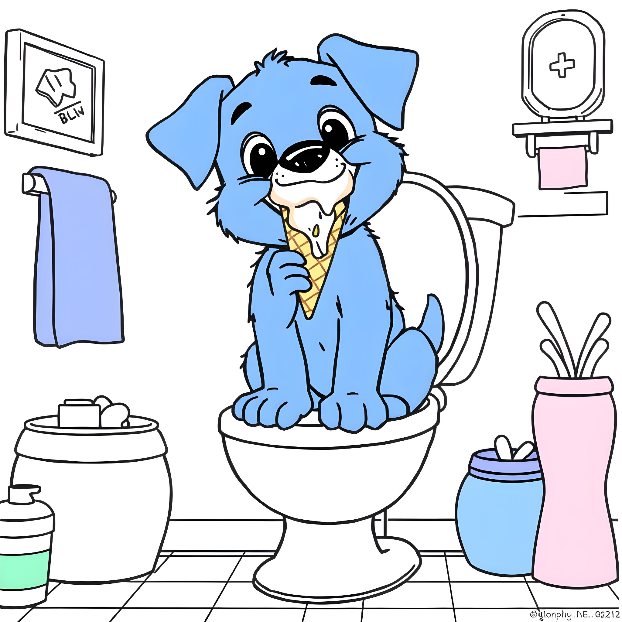 Bluey's Bathroom Adventures Coloring Page (free black-and-white line drawing printable PDF for all, from beginners to advanced learners, including children, teens, adults, and seniors)