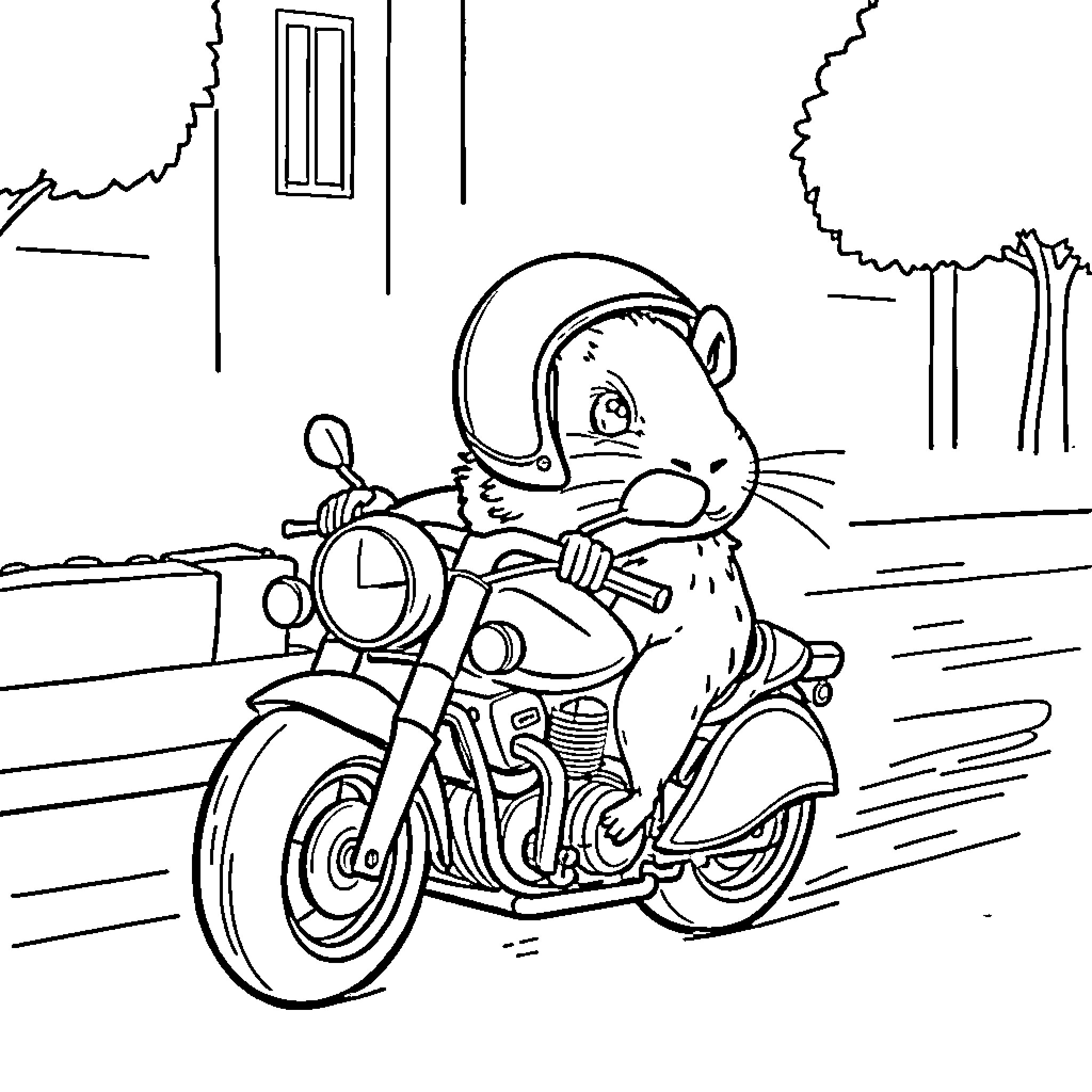 Guinea Pig riding a motorcycle through the neighborhood Coloring Page (free black-and-white line drawing printable PDF for all, from beginners to advanced learners, including children, teens, adults, and seniors)