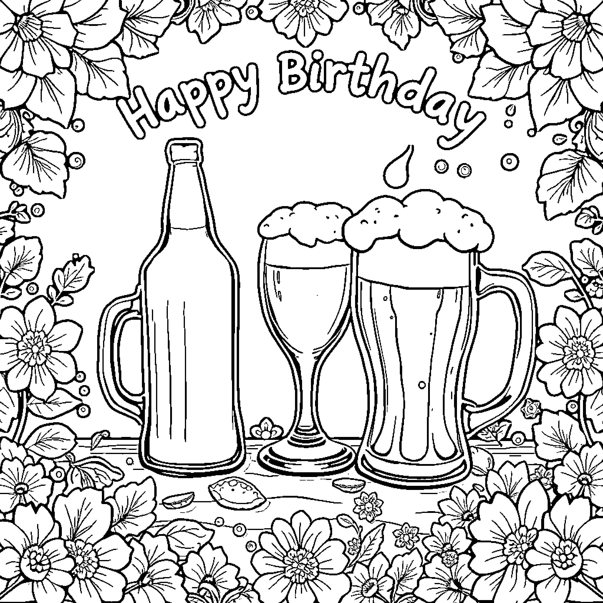 Beer glasses and bottle celebrate a happy birthday Coloring Page (free black-and-white line drawing printable PDF for all, from beginners to advanced learners, including children, teens, adults, and seniors)