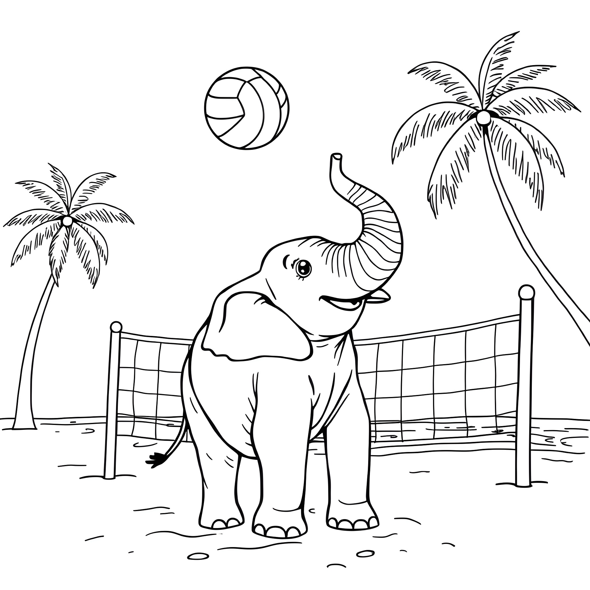 Elephant playing volleyball on the beach Coloring Page (free black-and-white line drawing printable PDF for all, from beginners to advanced learners, including children, teens, adults, and seniors)