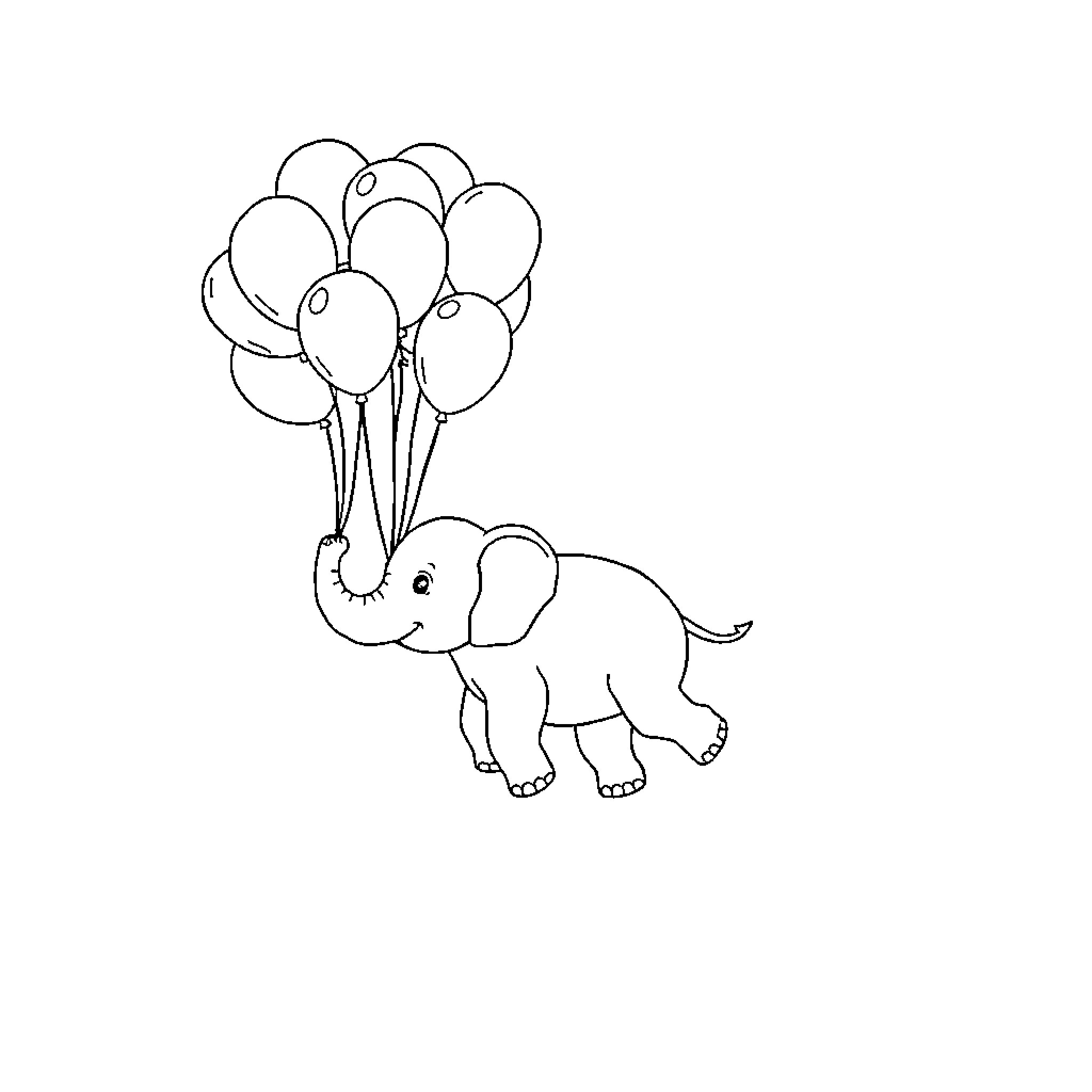 Elephant carrying balloons with playful expression Coloring Page (free black-and-white line drawing printable PDF for all, from beginners to advanced learners, including children, teens, adults, and seniors)