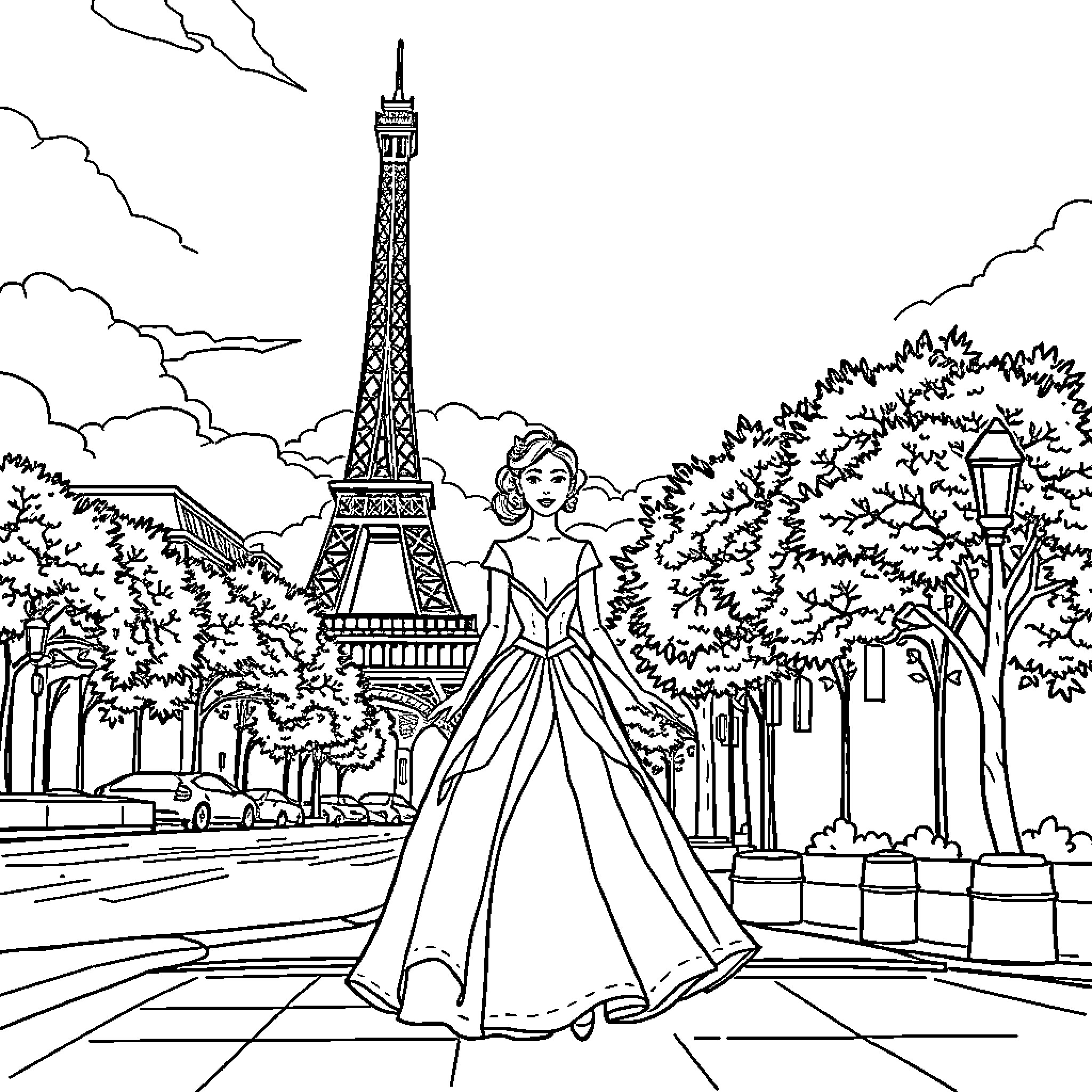 Princess in Elegant Gown Strolling Through Parisian Park Coloring Page (free black-and-white line drawing printable PDF for all, from beginners to advanced learners, including children, teens, adults, and seniors)