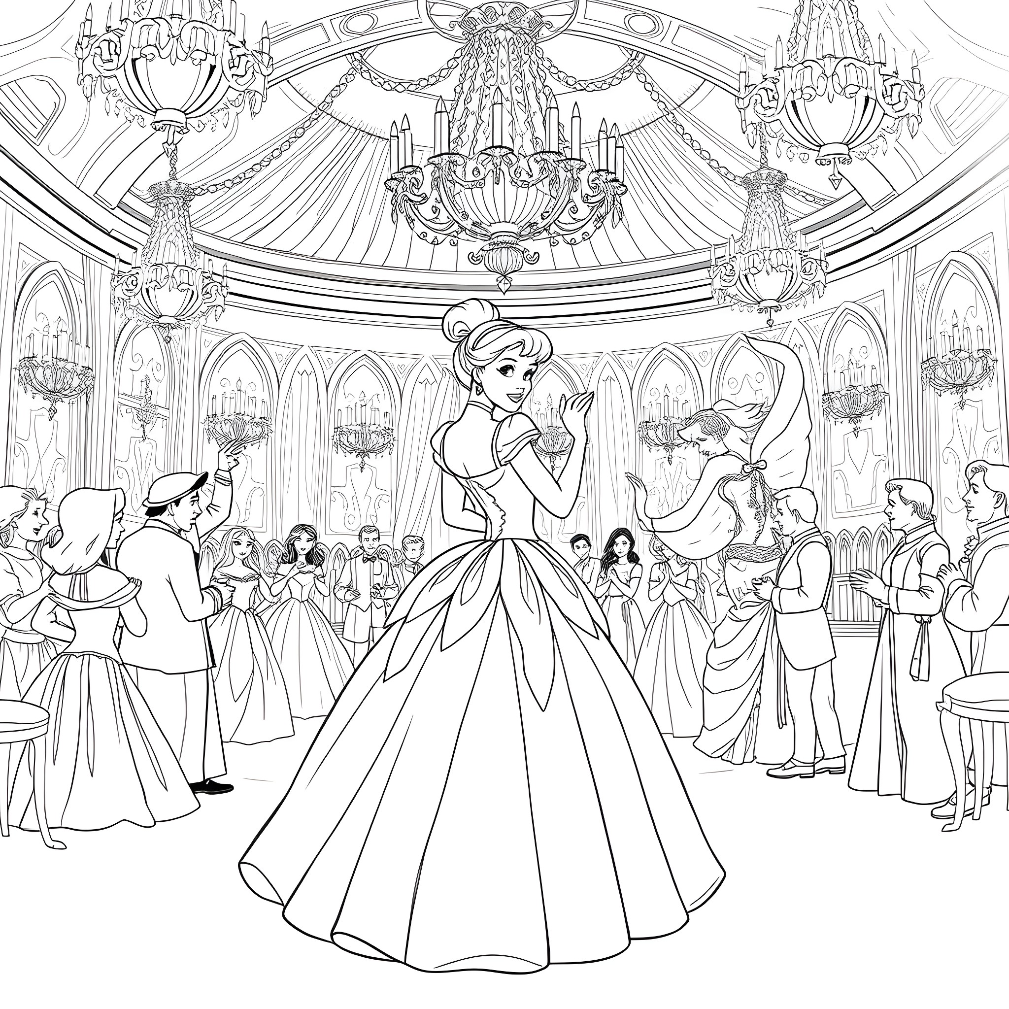 Cinderella's Magical Ball Celebration Coloring Page (free black-and-white line drawing printable PDF for all, from beginners to advanced learners, including children, teens, adults, and seniors)