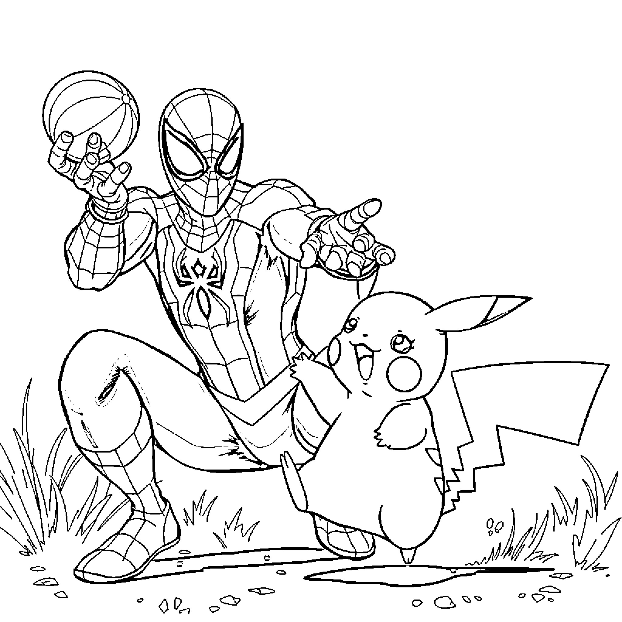 Spider-Man Meets Pikachu in Playful Encounter Coloring Page (free black-and-white line drawing printable PDF for all, from beginners to advanced learners, including children, teens, adults, and seniors)