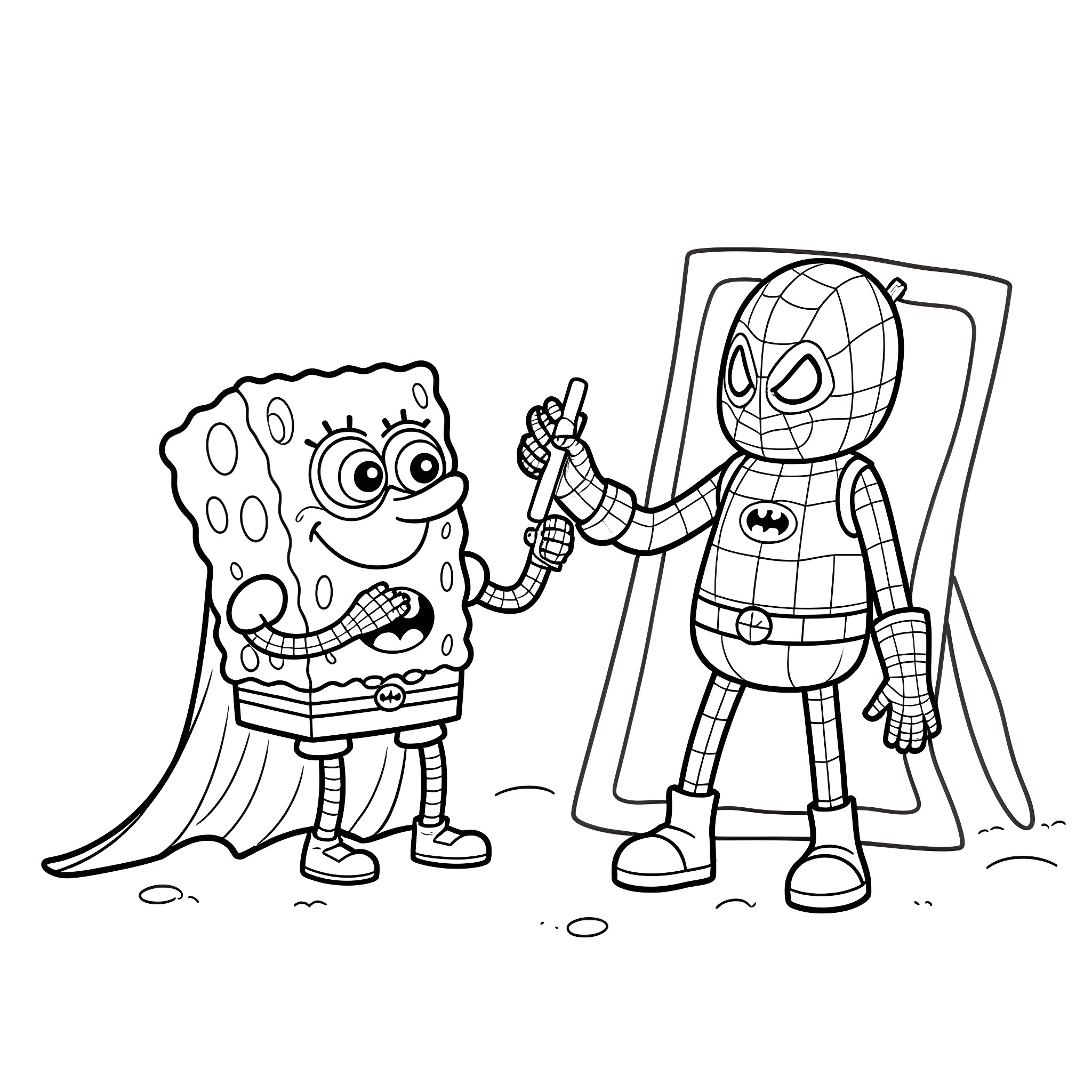 Spiderman and Spongebob Hanging Out Together Coloring Page (free black-and-white line drawing printable PDF for all, from beginners to advanced learners, including children, teens, adults, and seniors)