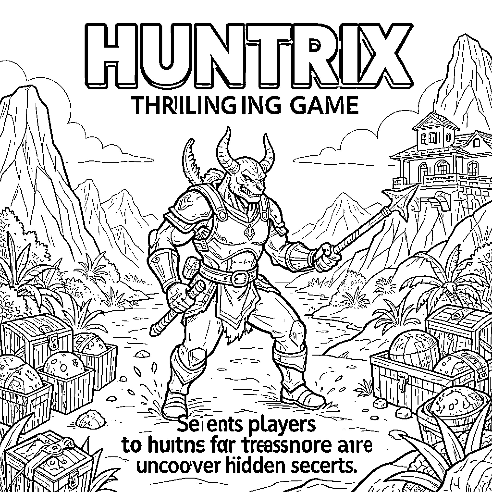 Huntrix warrior wielding a weapon near treasure chests Coloring Page (free black-and-white line drawing printable PDF for all, from beginners to advanced learners, including children, teens, adults, and seniors)