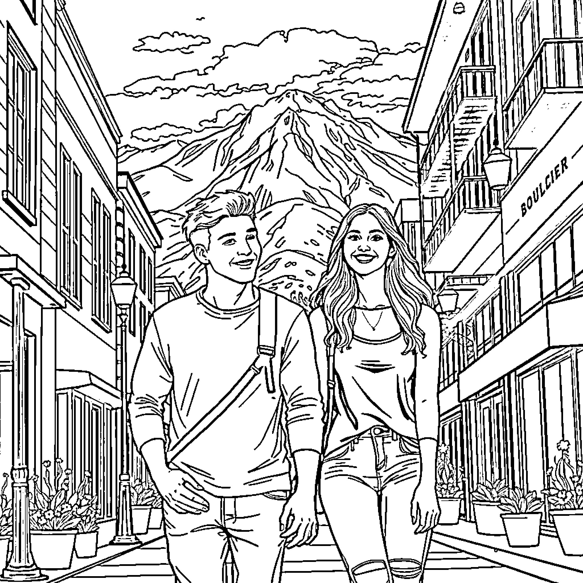 Couple strolling through a mountain town Coloring Page (free black-and-white line drawing printable PDF for all, from beginners to advanced learners, including children, teens, adults, and seniors)