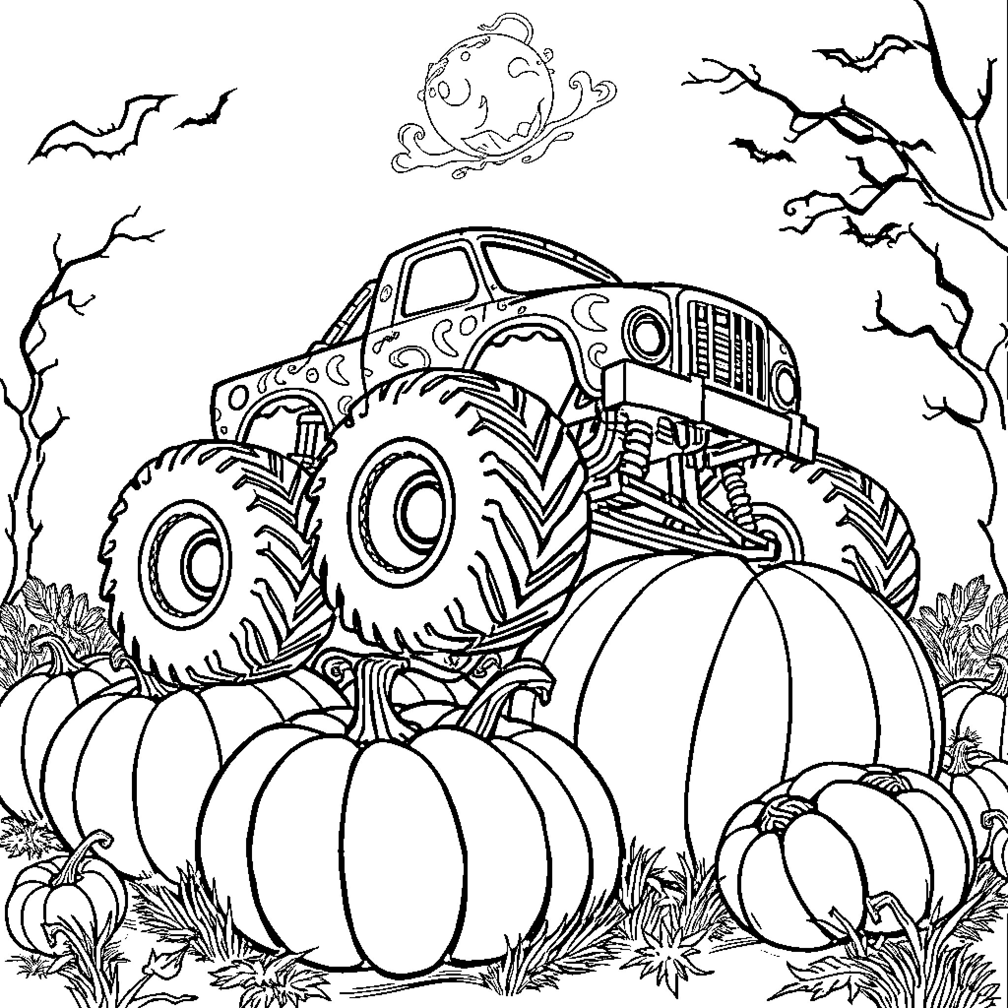 Monster Truck Crushing Pumpkins in Spooky Autumn Landscape Coloring Page (free black-and-white line drawing printable PDF for all, from beginners to advanced learners, including children, teens, adults, and seniors)