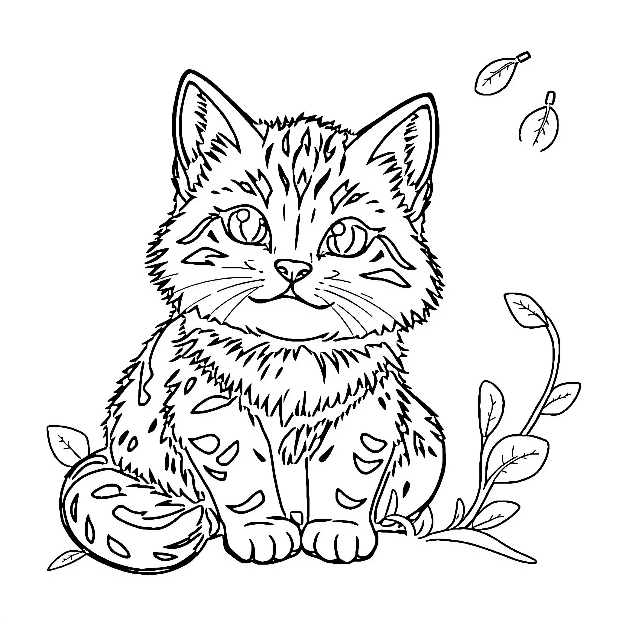 Pet cat in whimsical floral setting Coloring Page (free black-and-white line drawing printable PDF for all, from beginners to advanced learners, including children, teens, adults, and seniors)