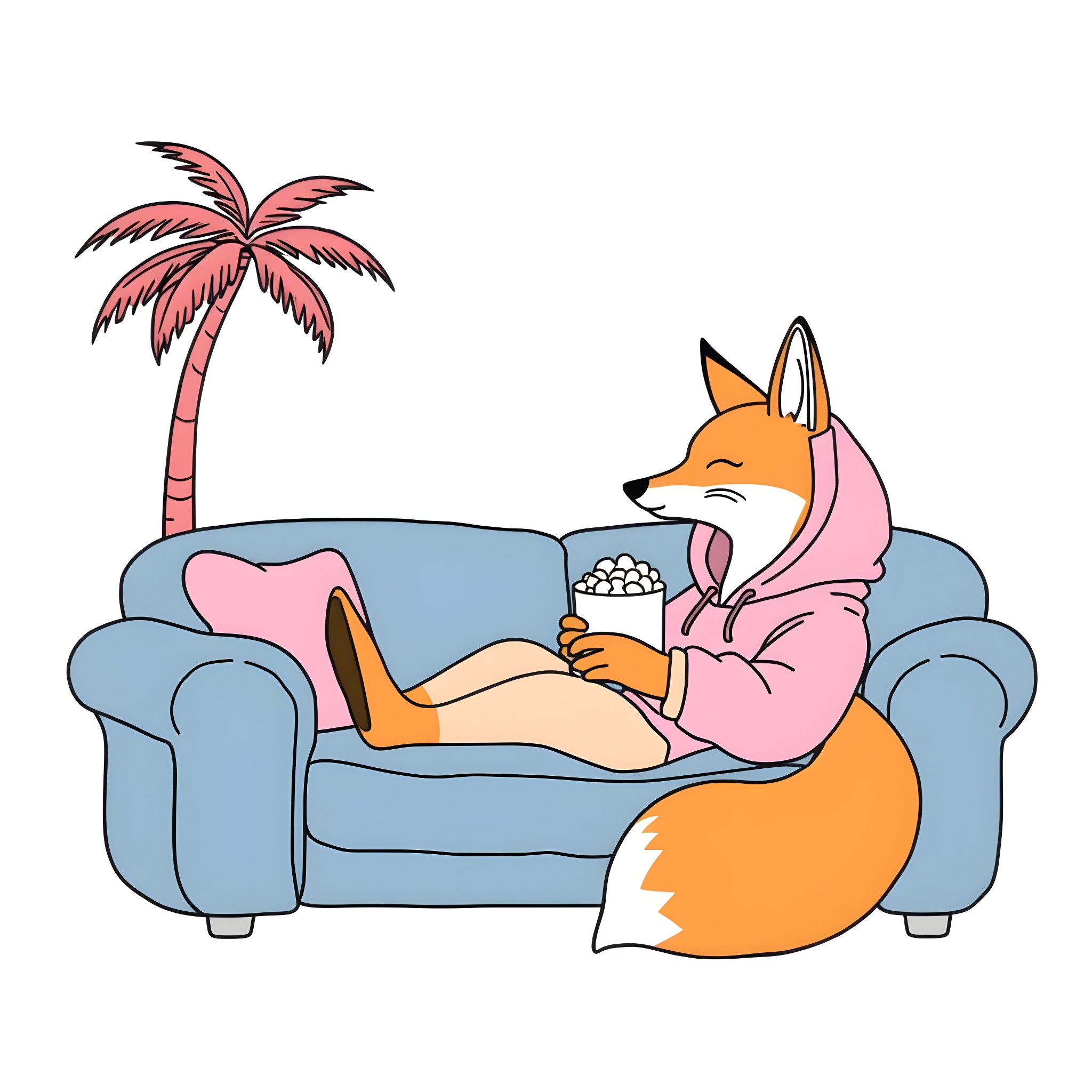Fox relaxing on cozy sofa with palm tree Coloring Page (free black-and-white line drawing printable PDF for all, from beginners to advanced learners, including children, teens, adults, and seniors)
