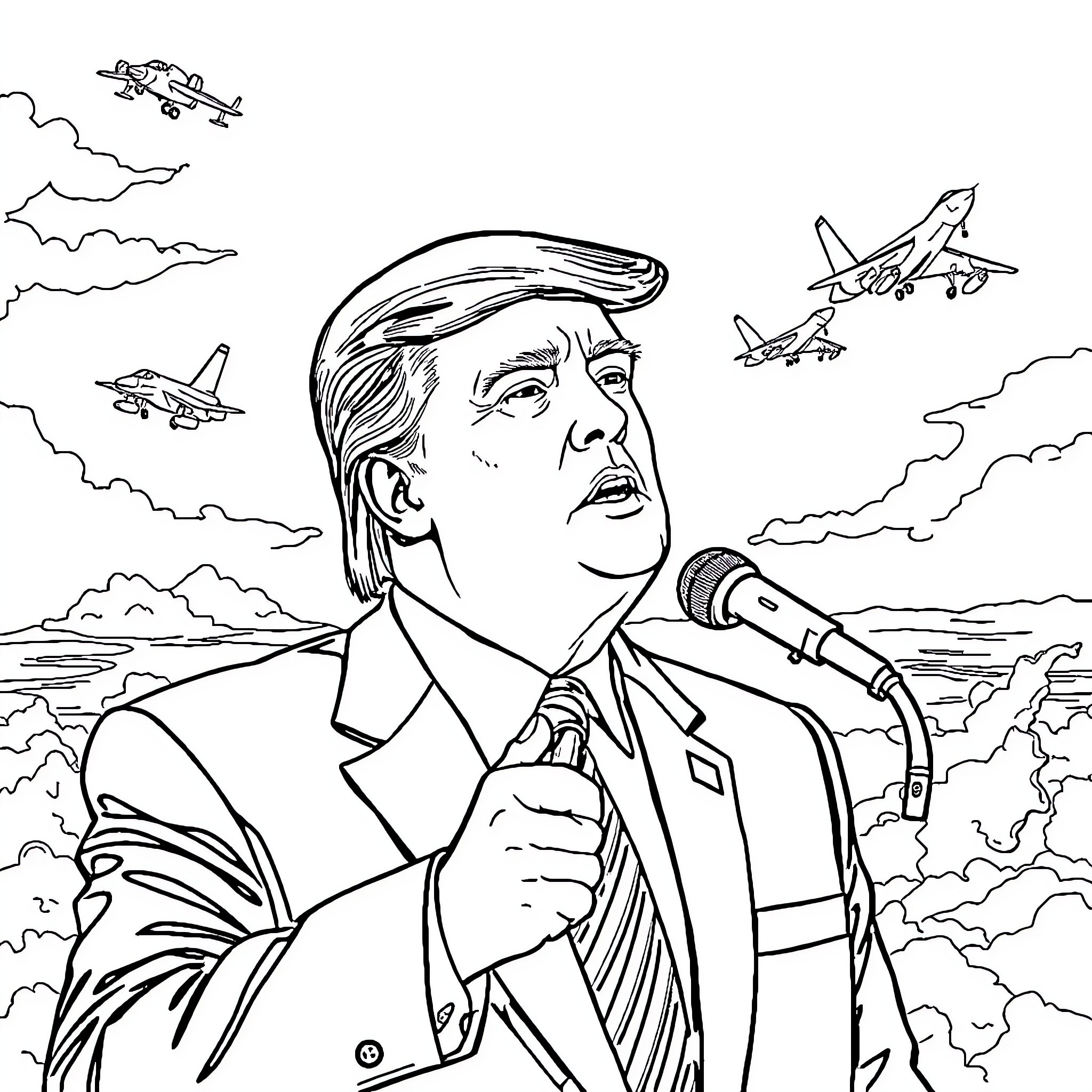 President Delivering Speech with Military Aircraft Coloring Page (free black-and-white line drawing printable PDF for all, from beginners to advanced learners, including children, teens, adults, and seniors)