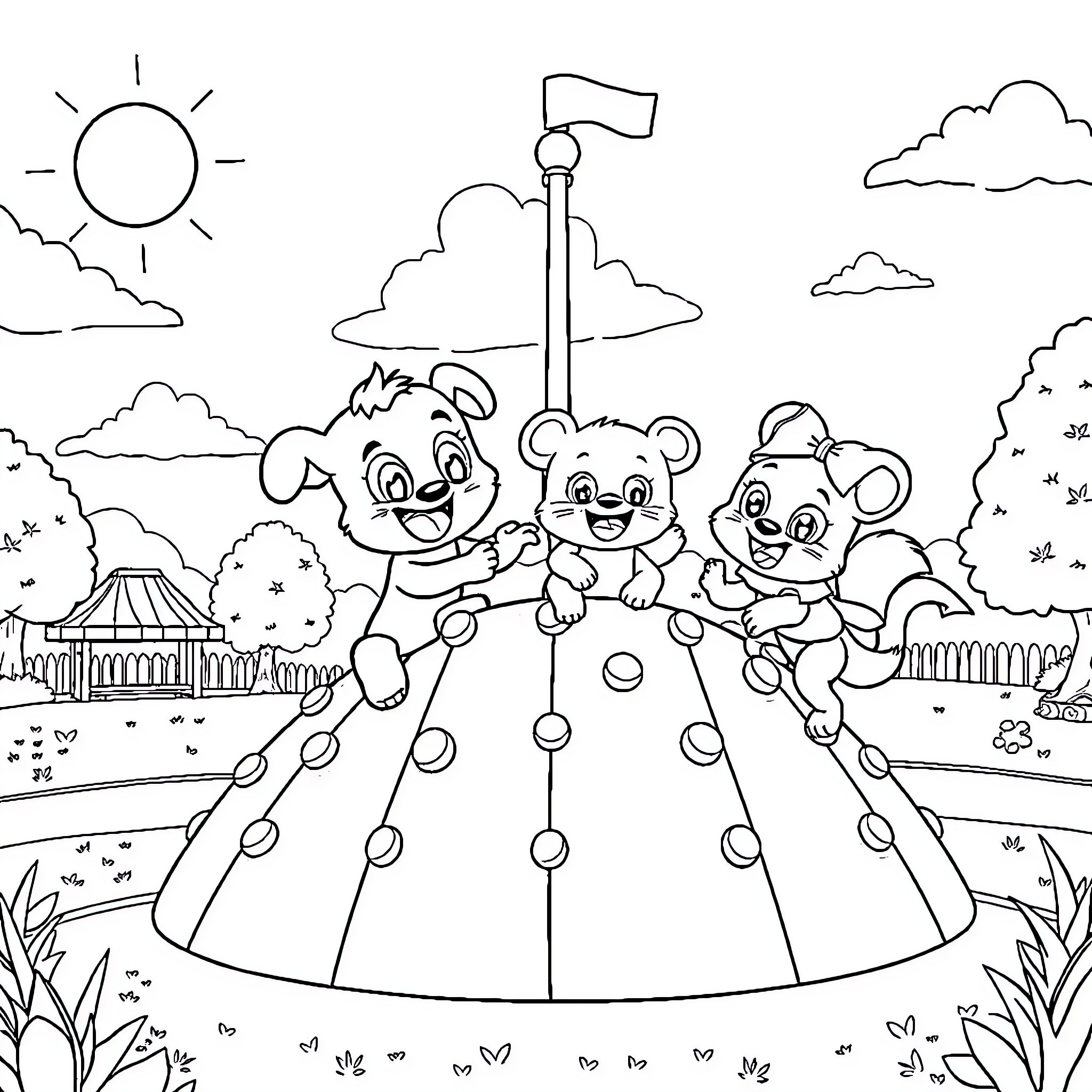 Bluey and friends explore the colorful park Coloring Page (free black-and-white line drawing printable PDF for all, from beginners to advanced learners, including children, teens, adults, and seniors)