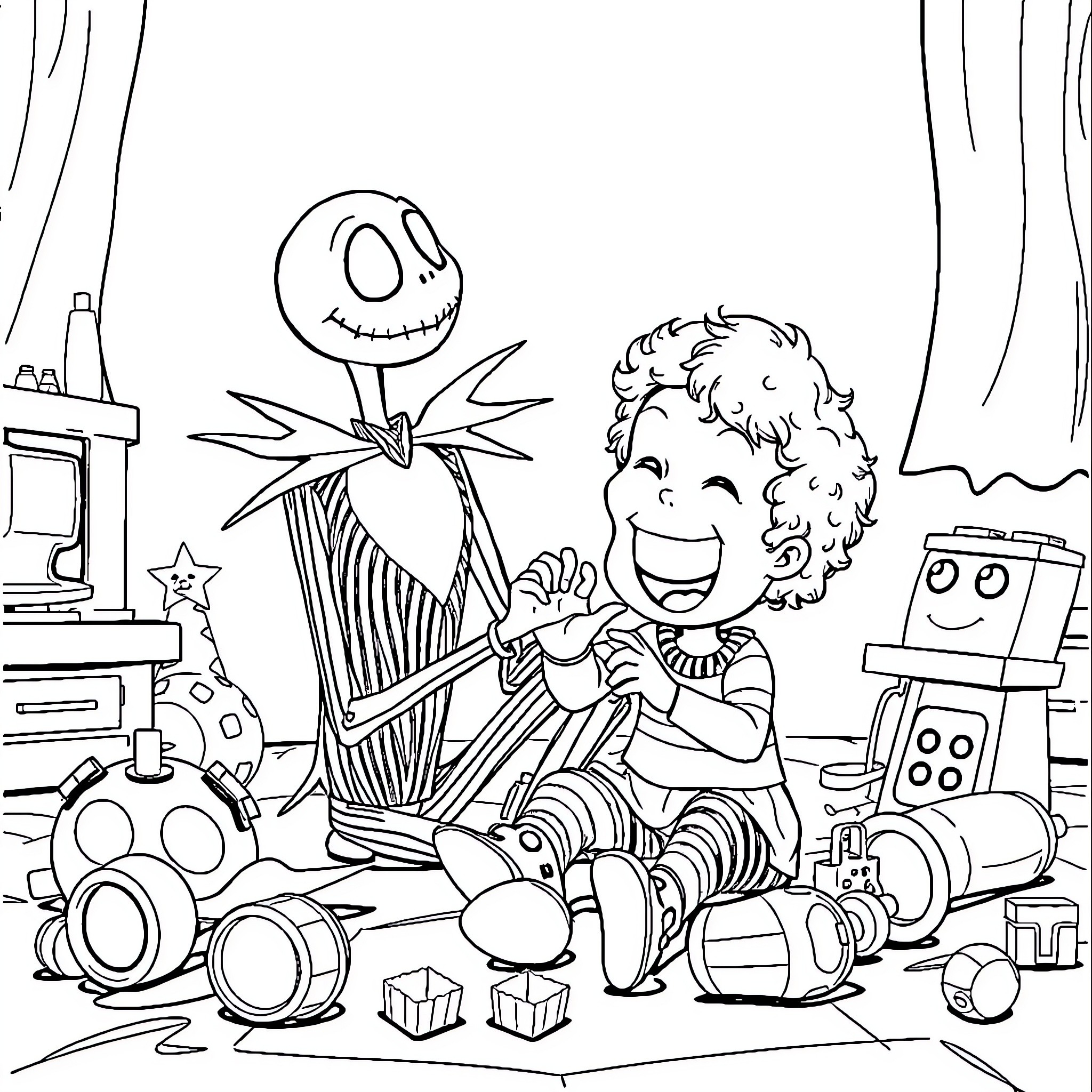 Jack Skellington playing with toys in his workshop Coloring Page (free black-and-white line drawing printable PDF for all, from beginners to advanced learners, including children, teens, adults, and seniors)