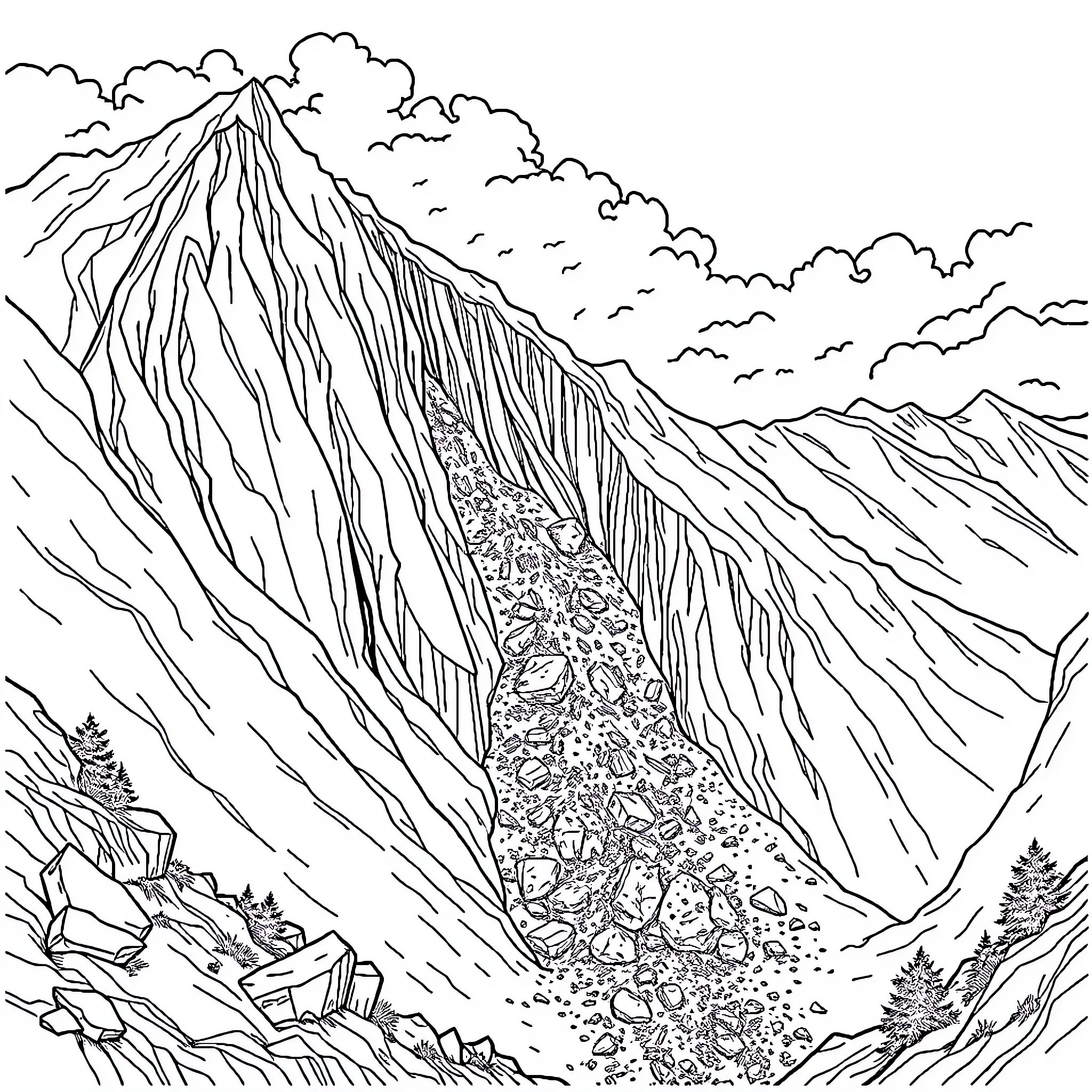 Landslide of rubble and debris down a rocky mountain Coloring Page (free black-and-white line drawing printable PDF for all, from beginners to advanced learners, including children, teens, adults, and seniors)
