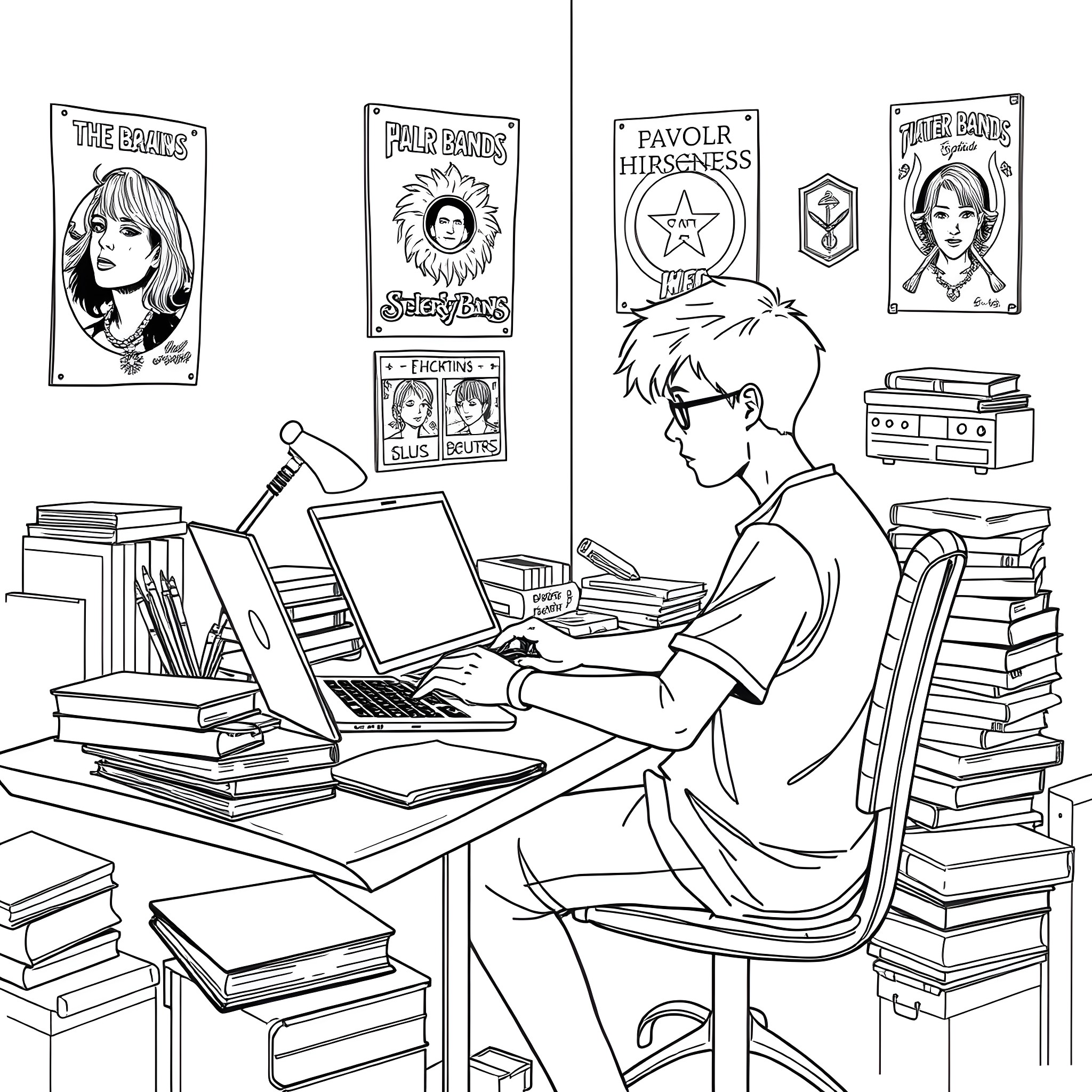 Teen Boy Working Intently at Cluttered Desk with Music Posters Coloring Page (free black-and-white line drawing printable PDF for all, from beginners to advanced learners, including children, teens, adults, and seniors)