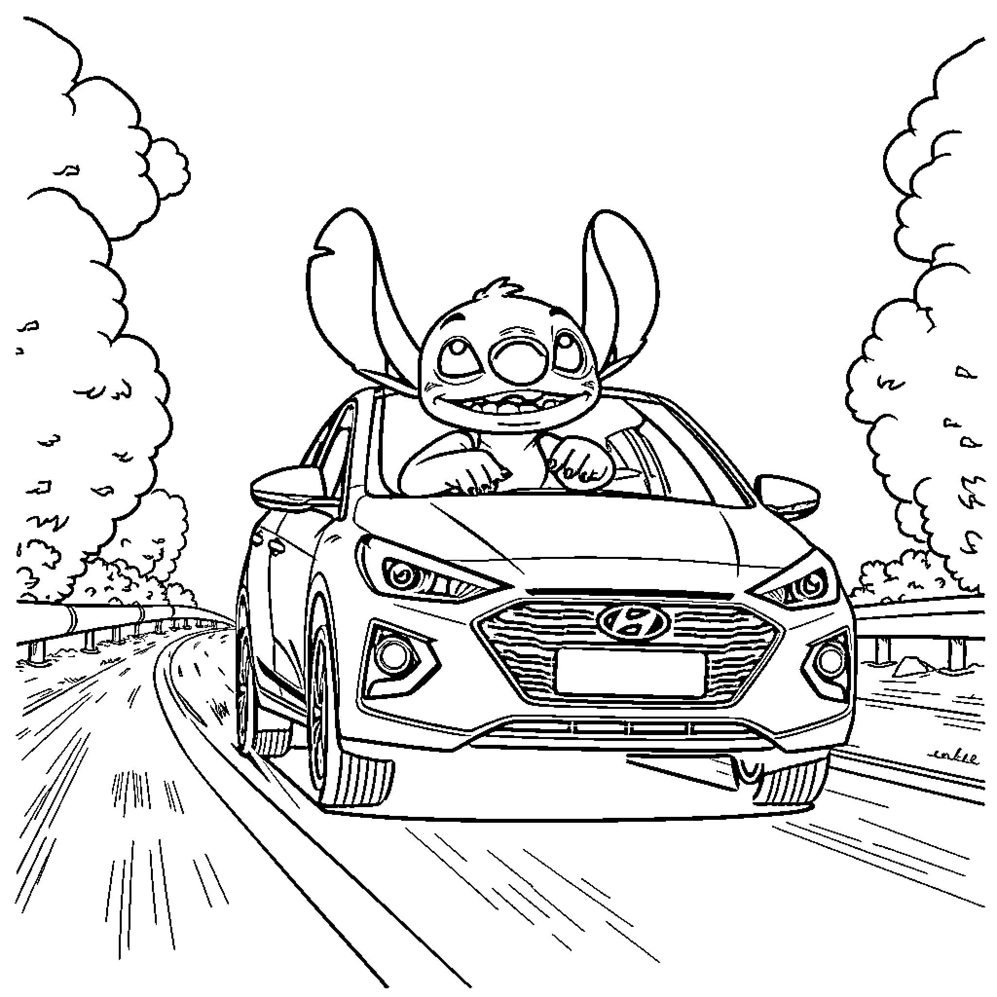 Stitch driving a car on the highway Coloring Page (free black-and-white line drawing printable PDF for all, from beginners to advanced learners, including children, teens, adults, and seniors)