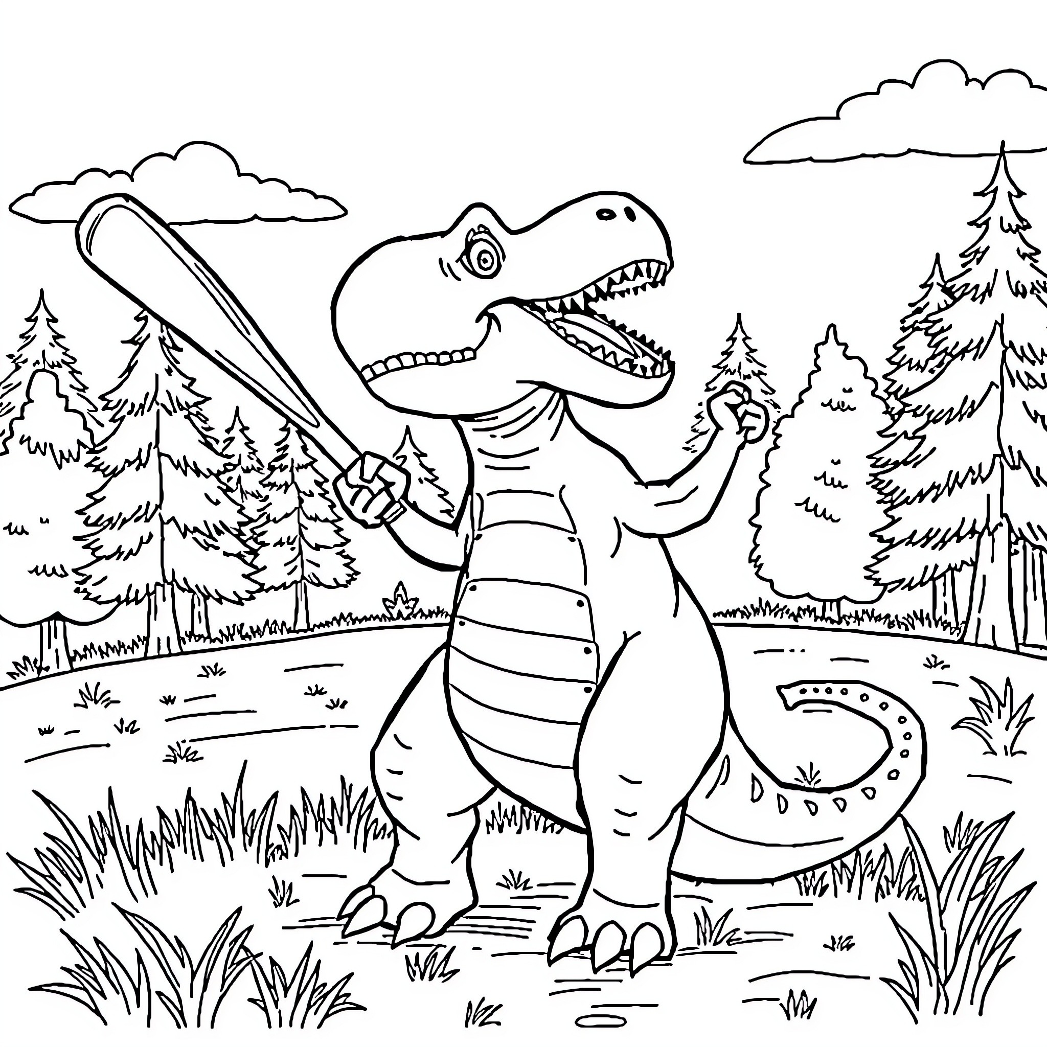 Dinosaur stomping through the forest Coloring Page (free black-and-white line drawing printable PDF for all, from beginners to advanced learners, including children, teens, adults, and seniors)