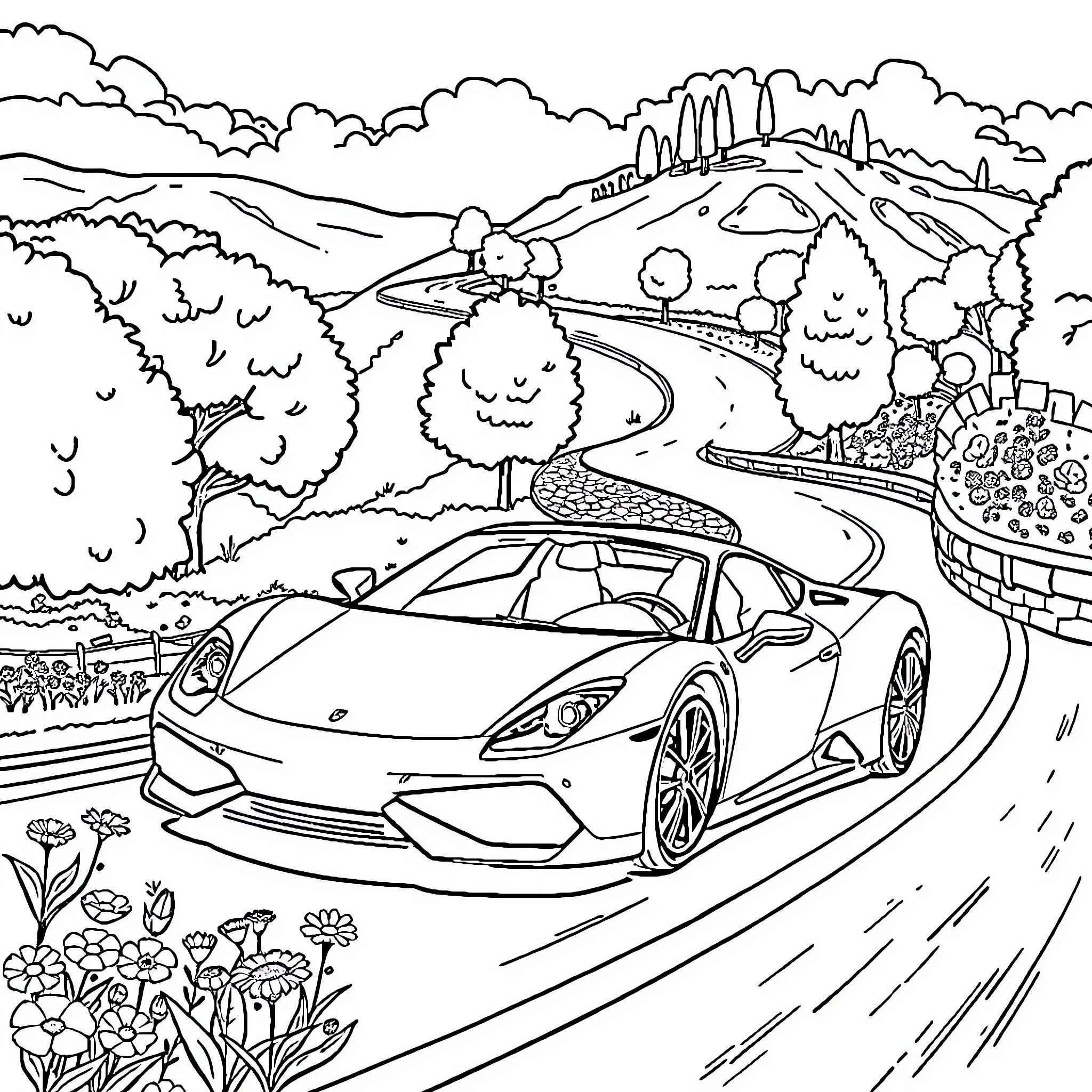 Car driving through scenic countryside landscape Coloring Page (free black-and-white line drawing printable PDF for all, from beginners to advanced learners, including children, teens, adults, and seniors)