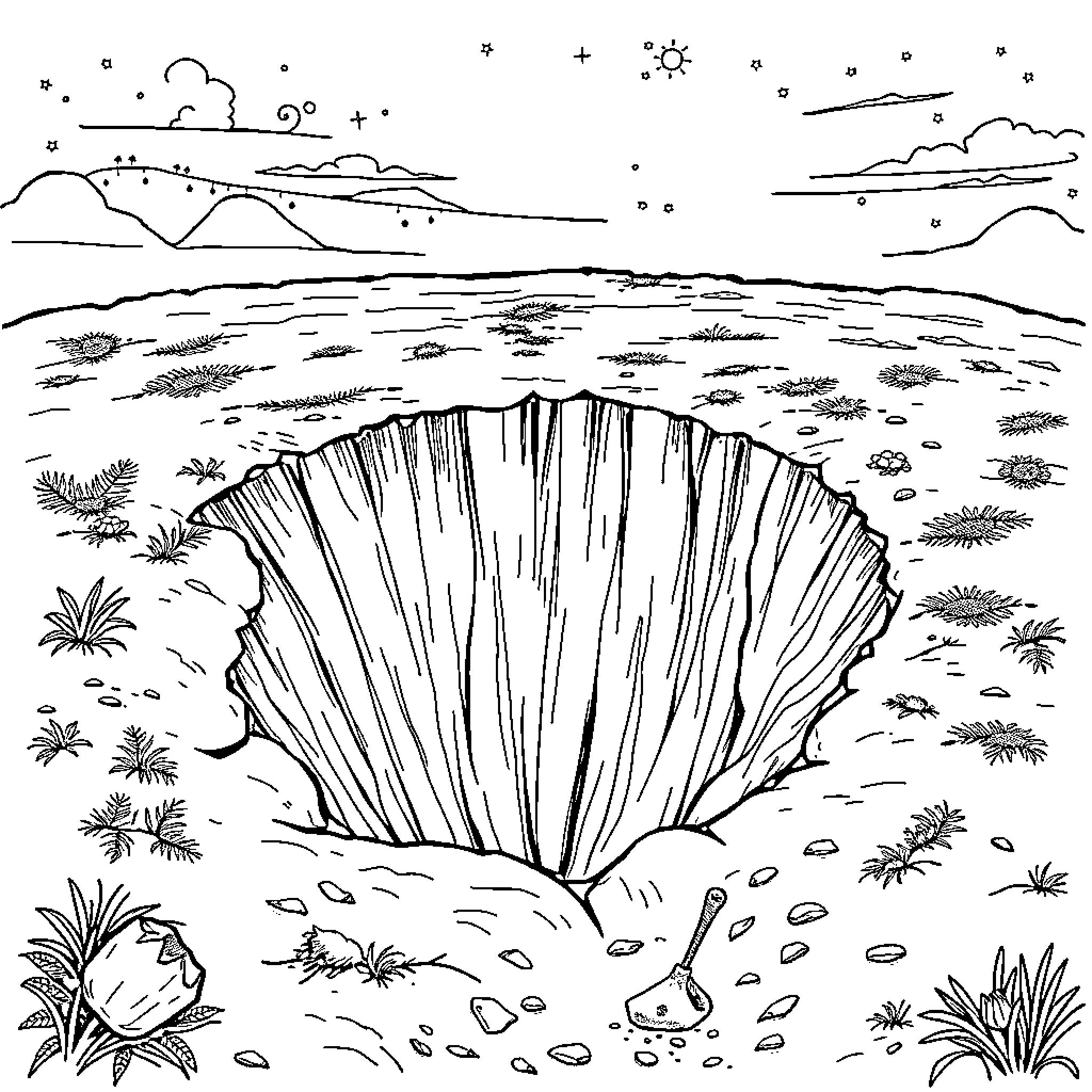 Dog exploring mysterious rock formation in the wilderness Coloring Page (free black-and-white line drawing printable PDF for all, from beginners to advanced learners, including children, teens, adults, and seniors)