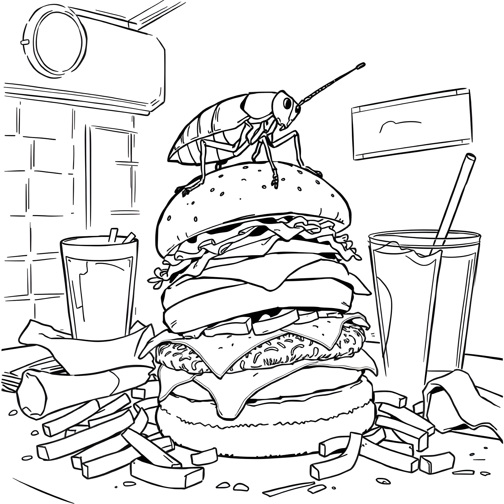 Cockroach feasting on a giant burger in a messy fast food setting Coloring Page (free black-and-white line drawing printable PDF for all, from beginners to advanced learners, including children, teens, adults, and seniors)
