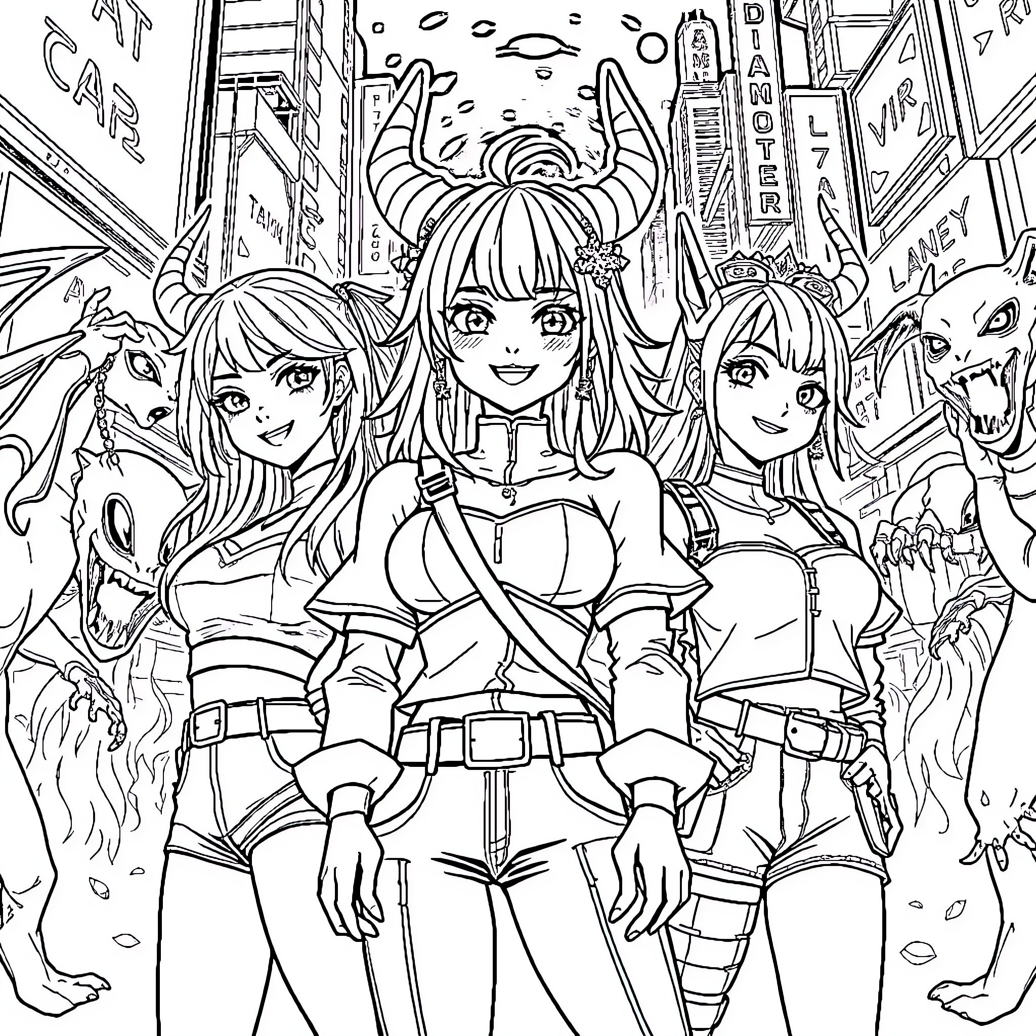 Demon Hunter Trio Battles Monsters in a Vibrant City Coloring Page (free black-and-white line drawing printable PDF for all, from beginners to advanced learners, including children, teens, adults, and seniors)