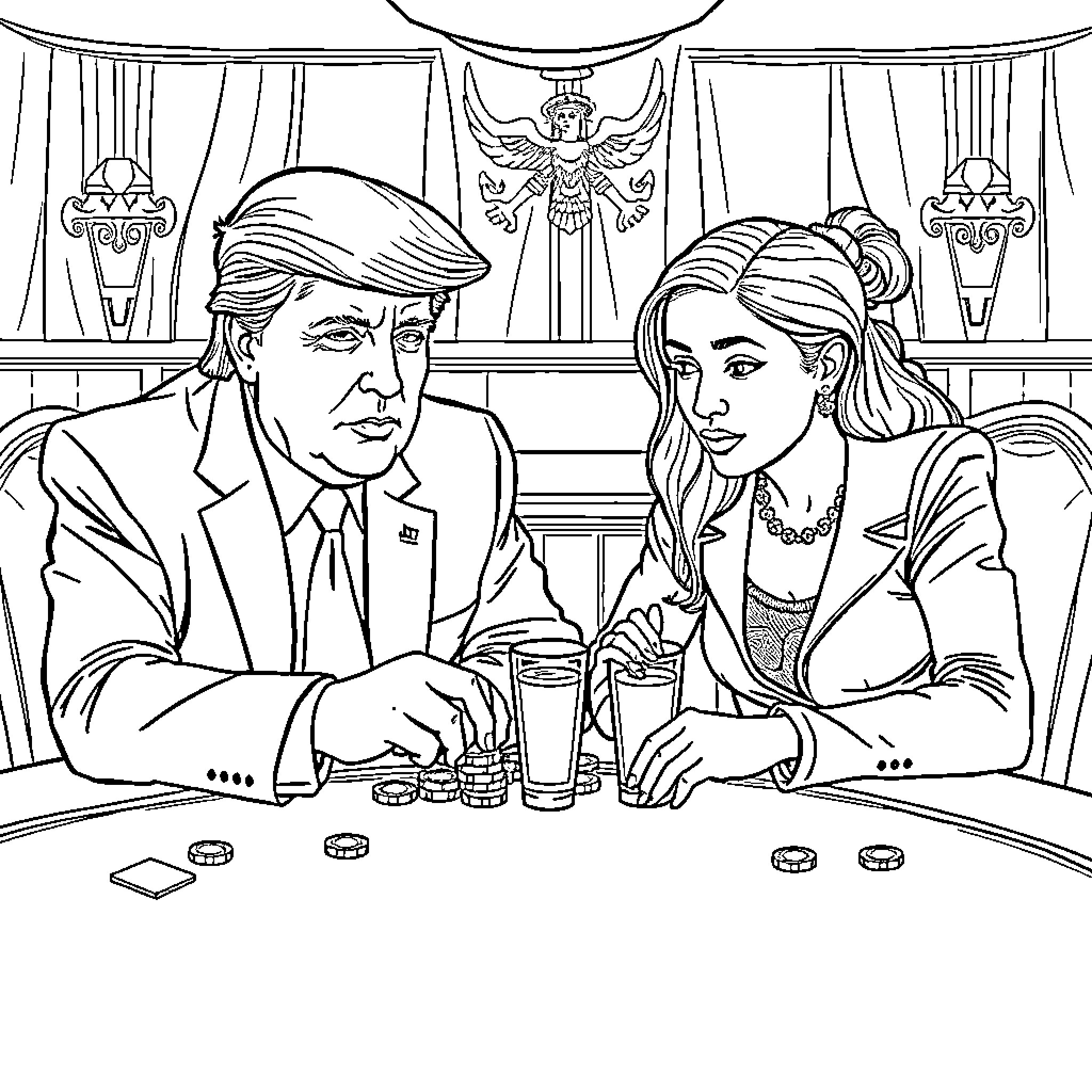 Trump and Companion Seated at a Bar Coloring Page (free black-and-white line drawing printable PDF for all, from beginners to advanced learners, including children, teens, adults, and seniors)