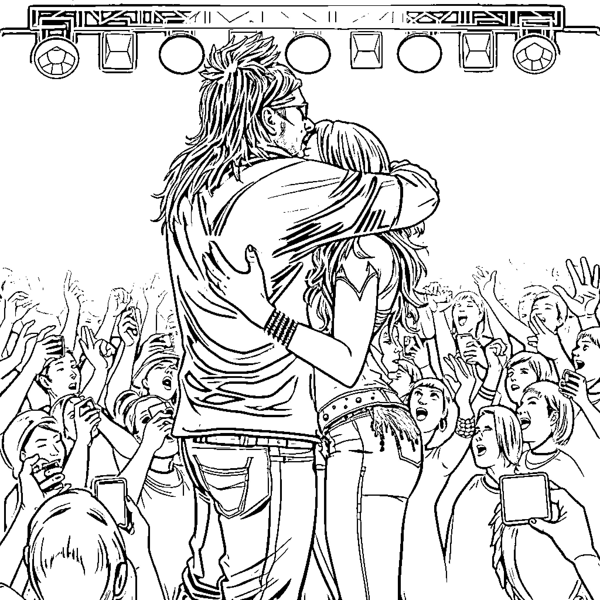 Axl Rose embracing a fan on stage with crowd Coloring Page (free black-and-white line drawing printable PDF for all, from beginners to advanced learners, including children, teens, adults, and seniors)