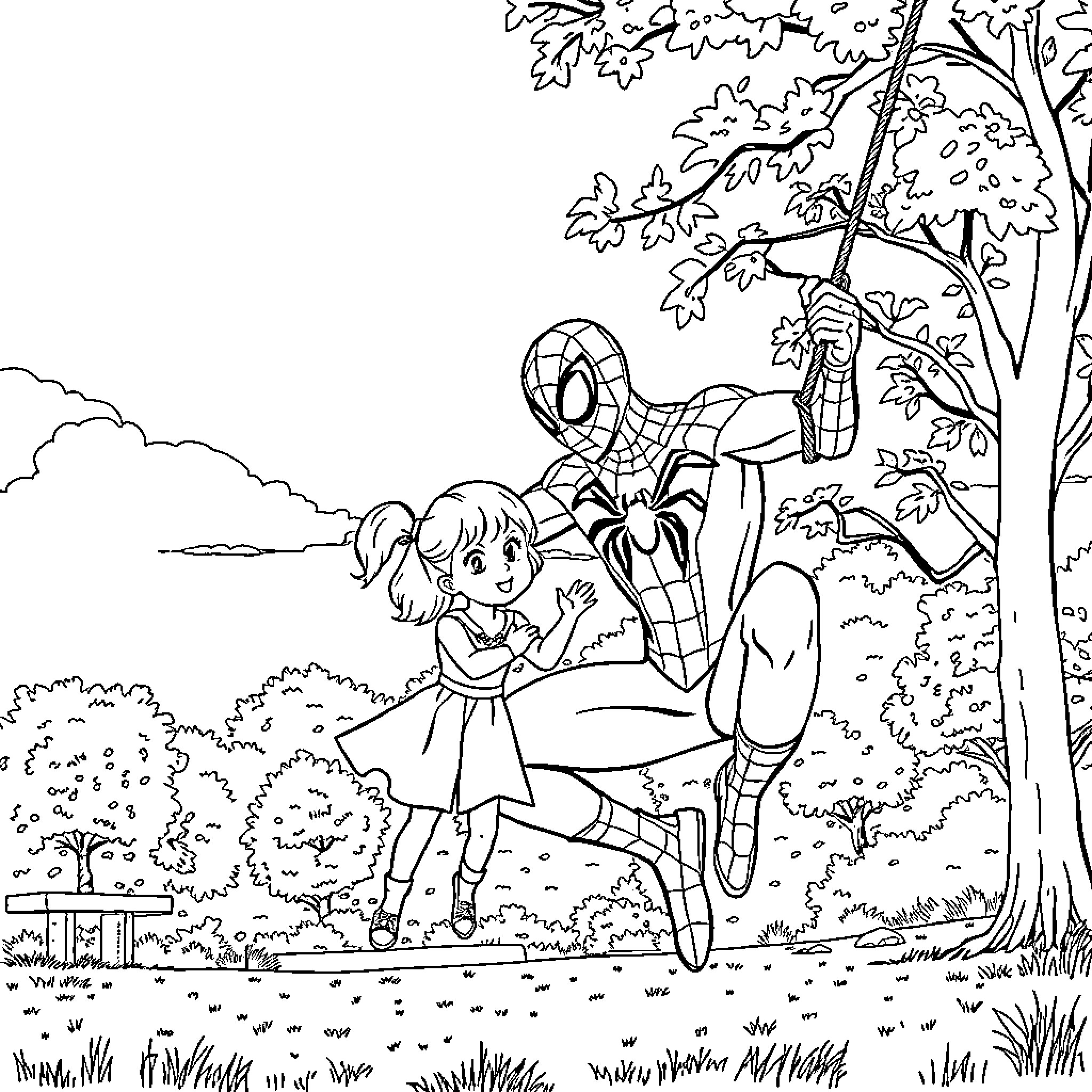 Spiderman helping a child in the park Coloring Page (free black-and-white line drawing printable PDF for all, from beginners to advanced learners, including children, teens, adults, and seniors)