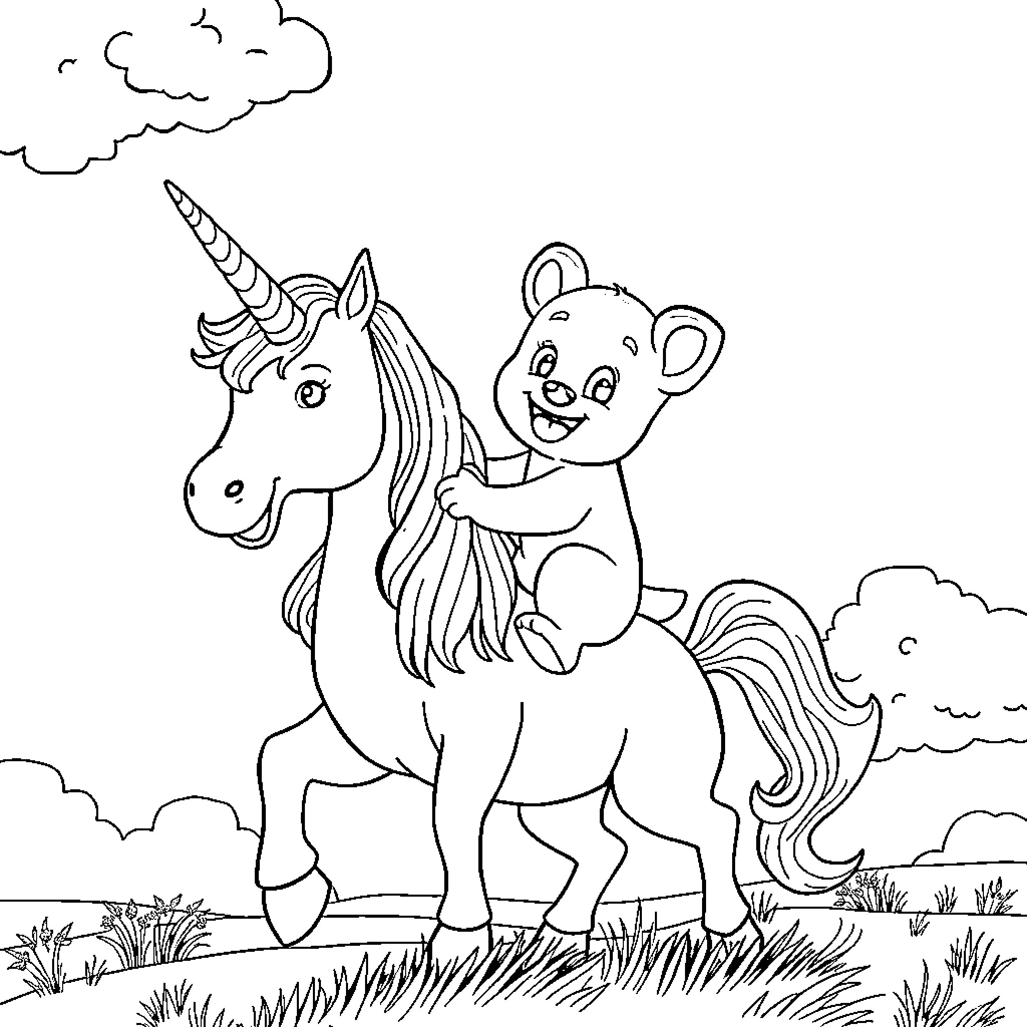 Bluey riding a magical unicorn in the meadow Coloring Page (free black-and-white line drawing printable PDF for all, from beginners to advanced learners, including children, teens, adults, and seniors)