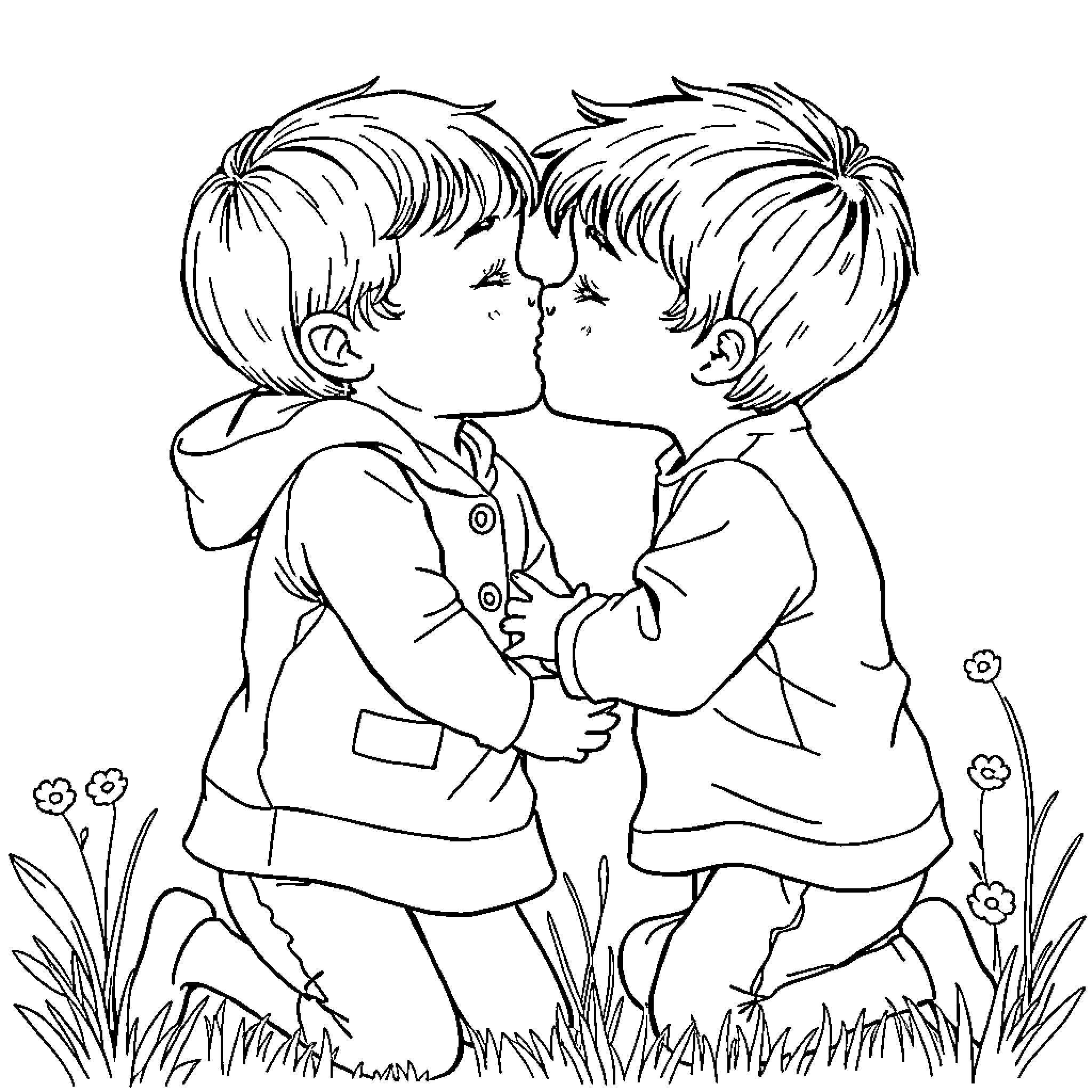Kid embrace and kiss in the meadow Coloring Page (free black-and-white line drawing printable PDF for all, from beginners to advanced learners, including children, teens, adults, and seniors)