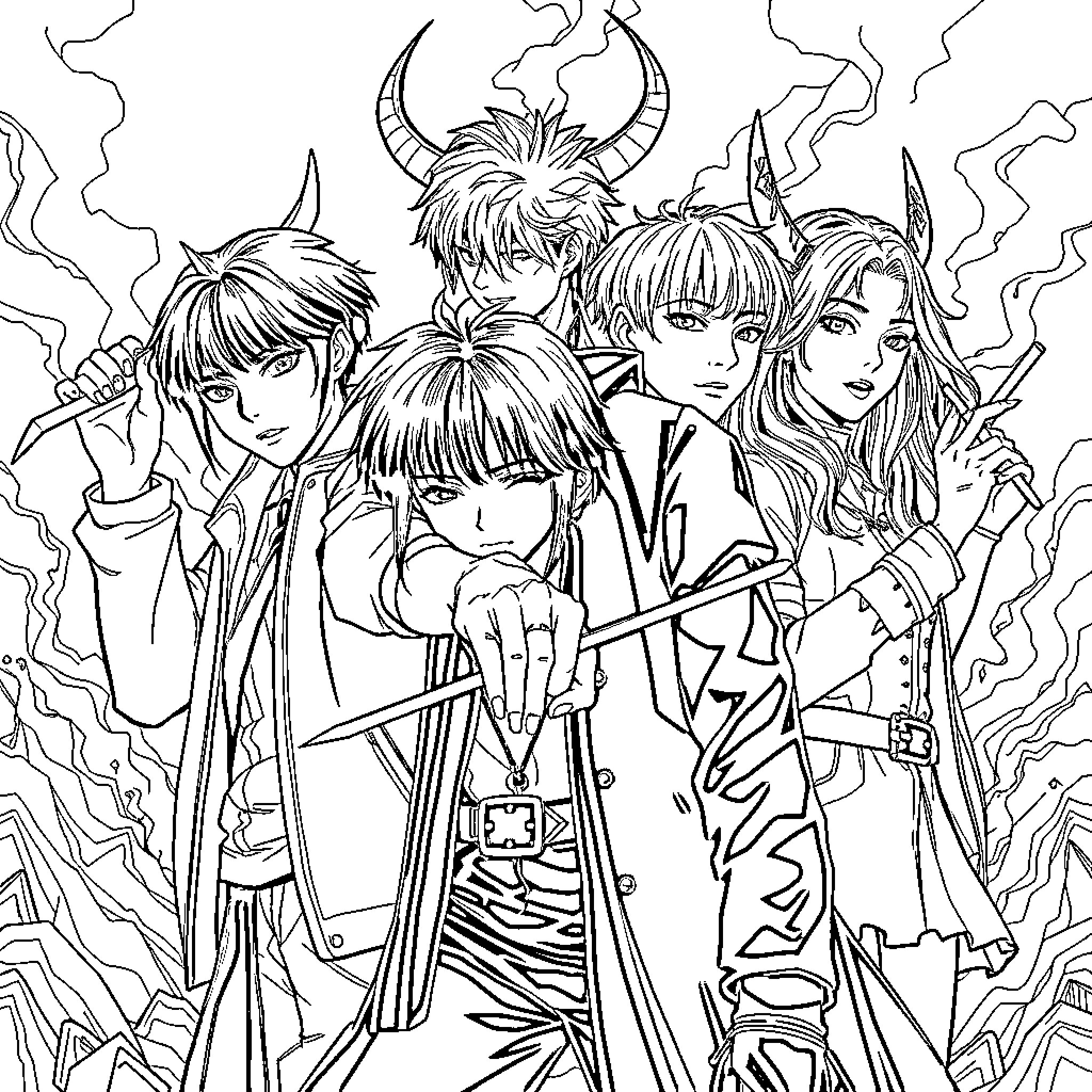 Kpop Demonhunter Heroic Ensemble Wielding Swords Coloring Page (free black-and-white line drawing printable PDF for all, from beginners to advanced learners, including children, teens, adults, and seniors)