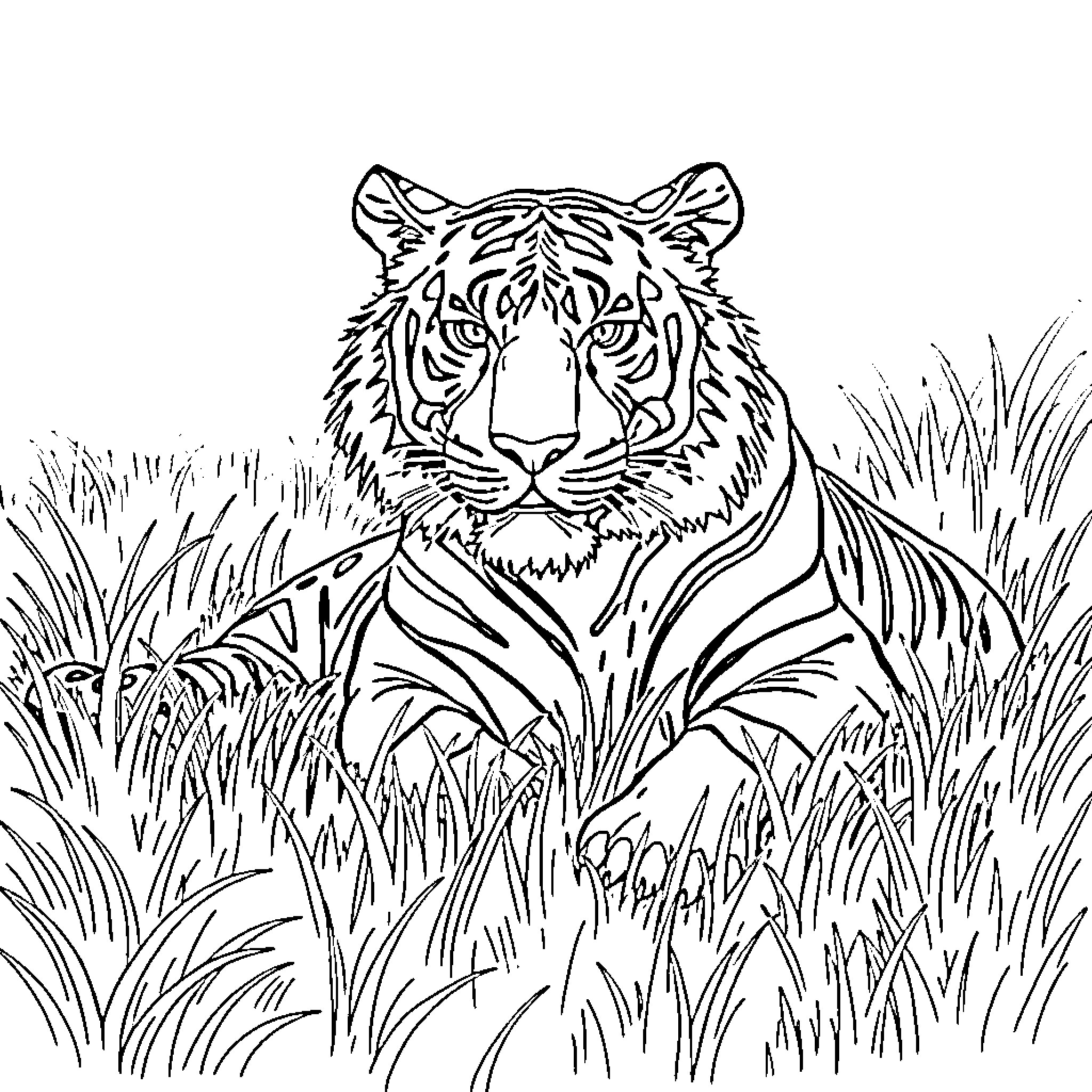 Tiger Resting in Lush Grass Coloring Page (free black-and-white line drawing printable PDF for all, from beginners to advanced learners, including children, teens, adults, and seniors)