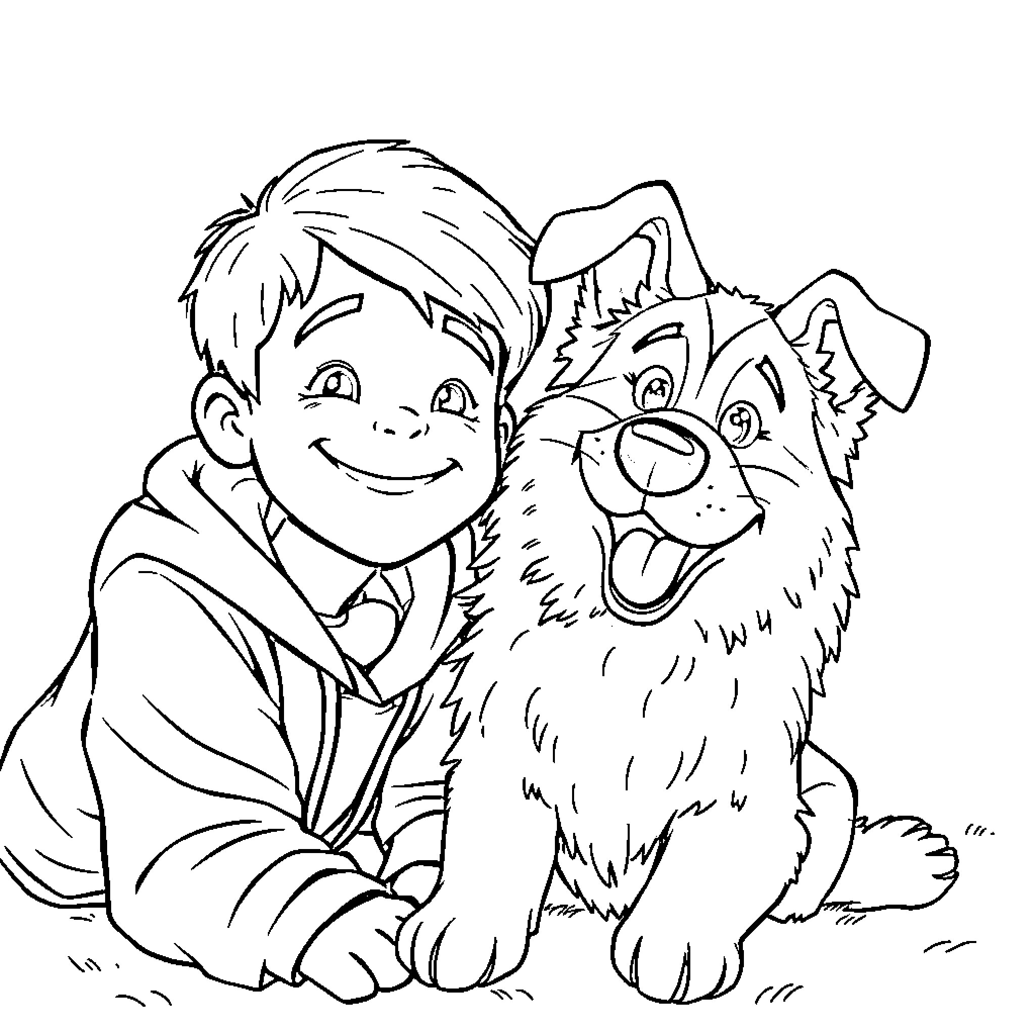 Tyler and his Playful Puppy Coloring Page (free black-and-white line drawing printable PDF for all, from beginners to advanced learners, including children, teens, adults, and seniors)
