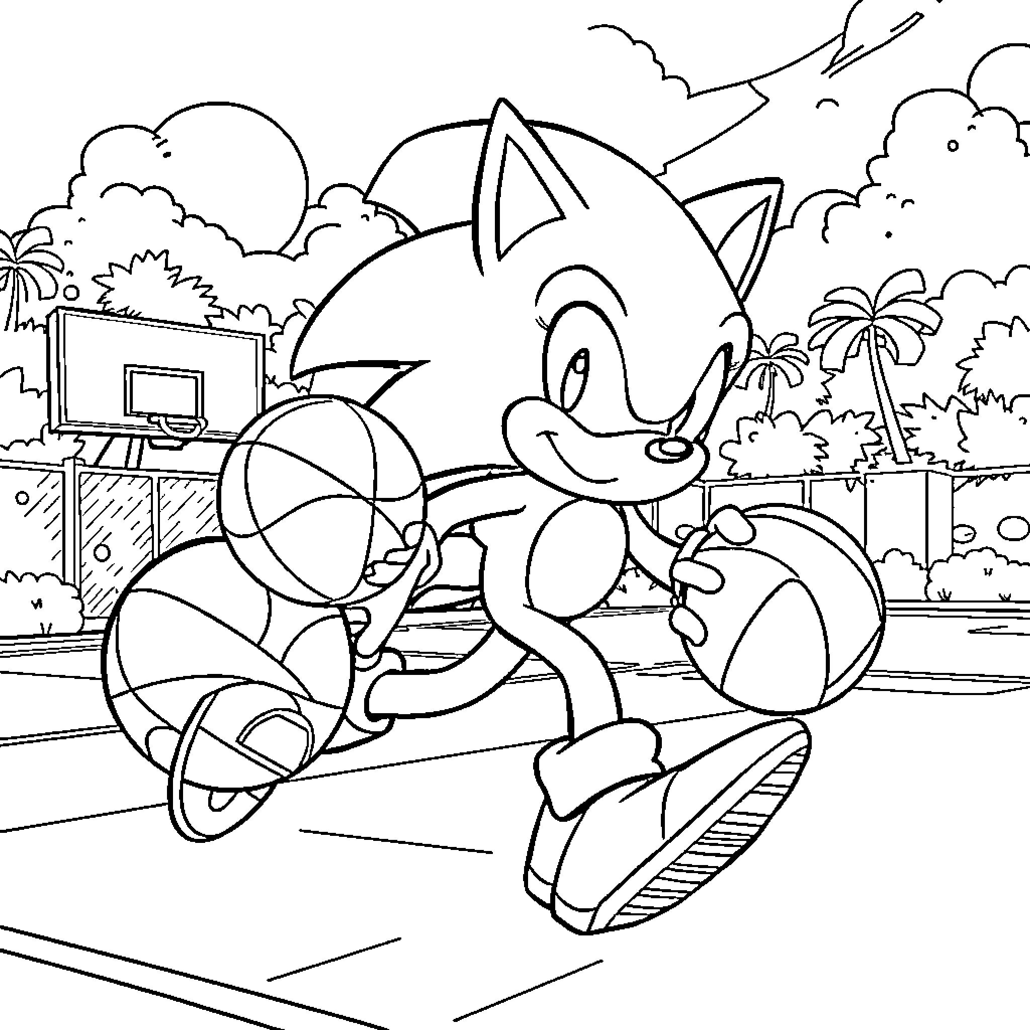 Sonic's Joyful Adventure in a Tropical Paradise Coloring Page (free black-and-white line drawing printable PDF for all, from beginners to advanced learners, including children, teens, adults, and seniors)