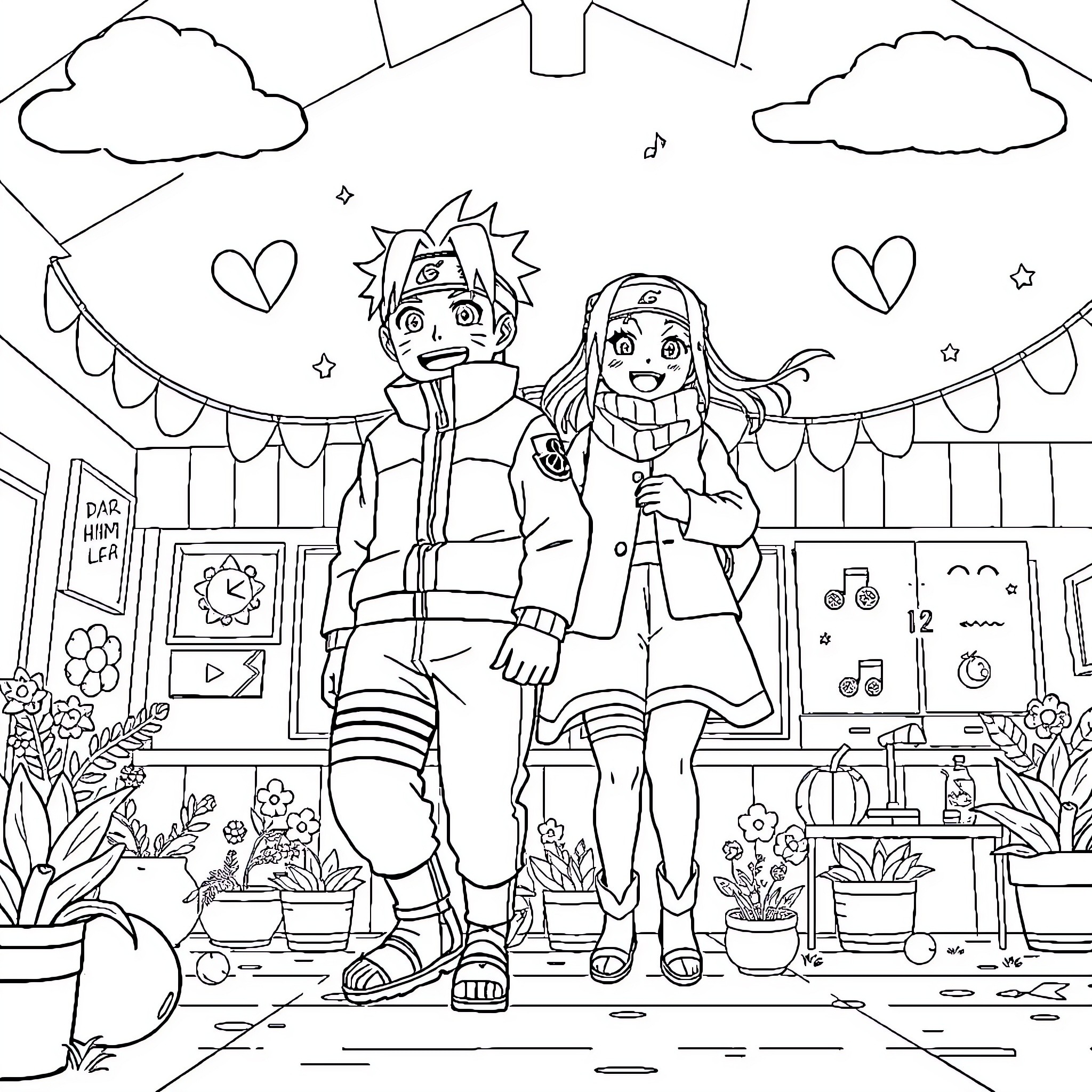 Naruto Characters in Cheerful School Setting Coloring Page (free black-and-white line drawing printable PDF for all, from beginners to advanced learners, including children, teens, adults, and seniors)