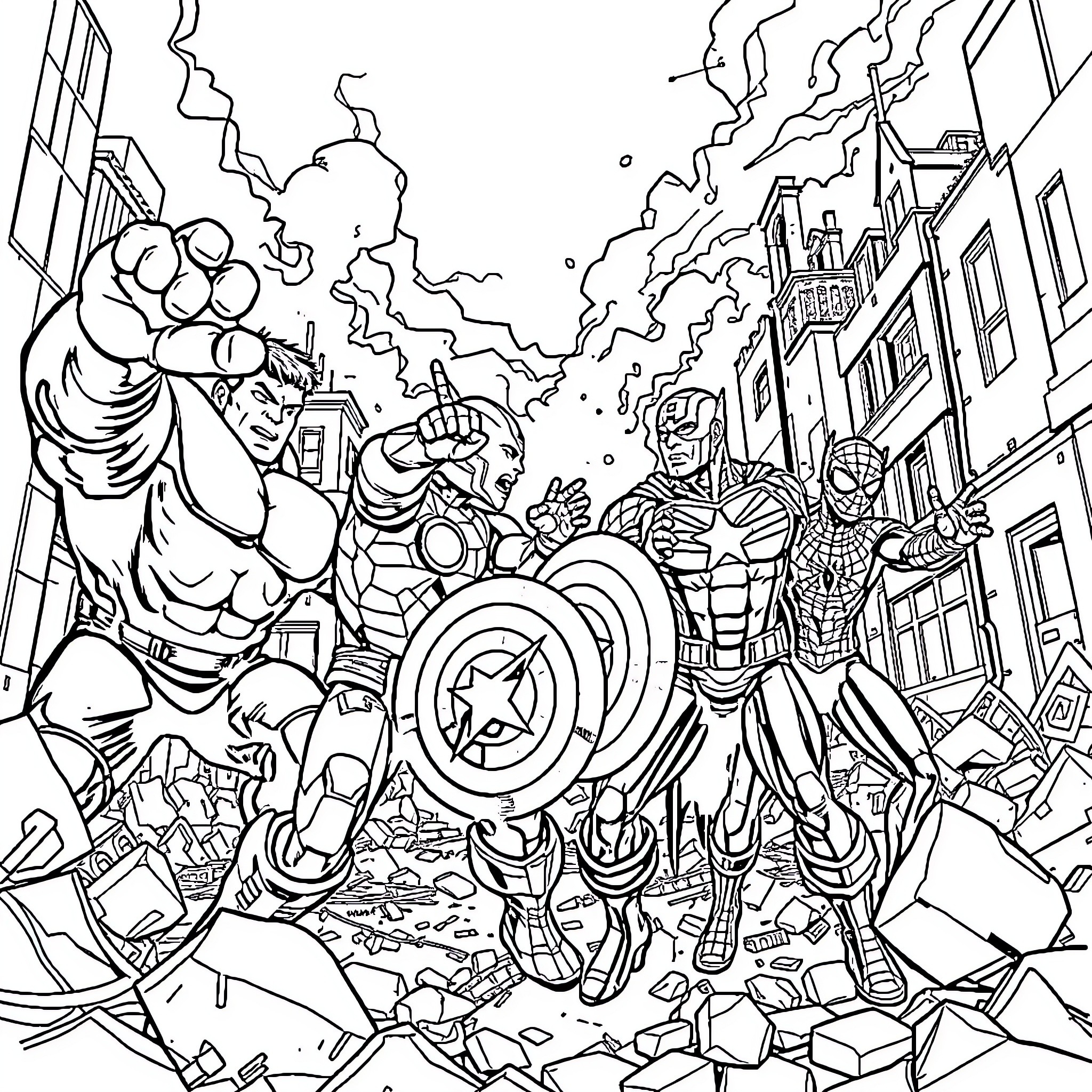 Hulk and Superheroes Battling in Destroyed City Coloring Page (free black-and-white line drawing printable PDF for all, from beginners to advanced learners, including children, teens, adults, and seniors)