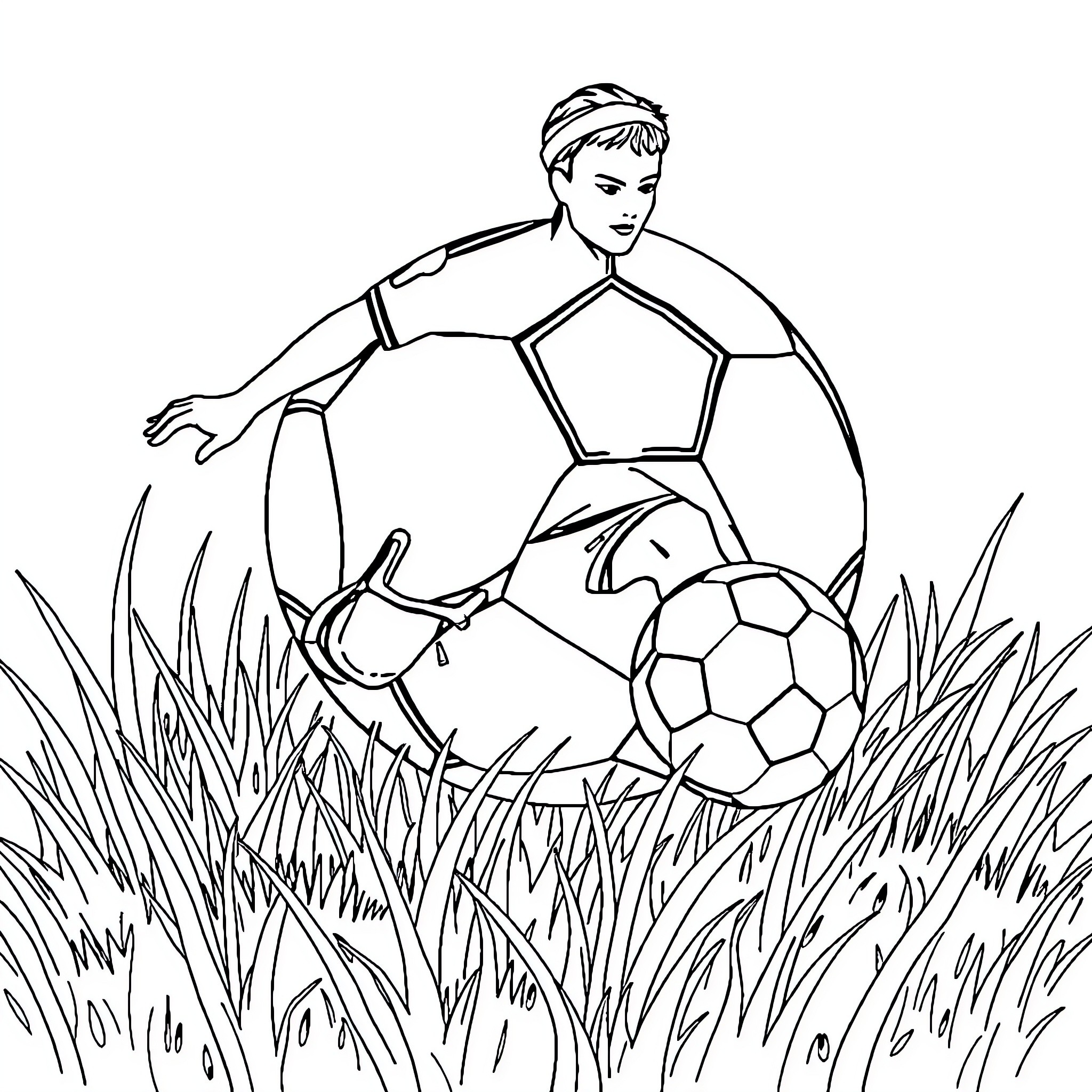 Soccer Ball Game in the Grass Coloring Page (free black-and-white line drawing printable PDF for all, from beginners to advanced learners, including children, teens, adults, and seniors)