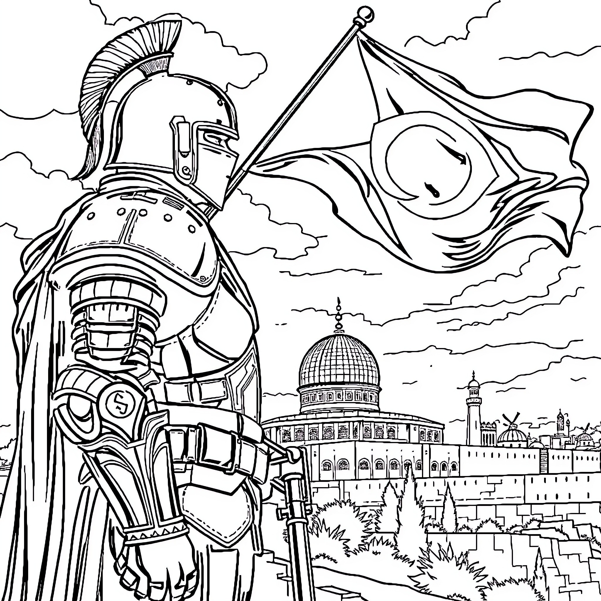 Soldier guarding with flag in a historic city Coloring Page (free black-and-white line drawing printable PDF for all, from beginners to advanced learners, including children, teens, adults, and seniors)