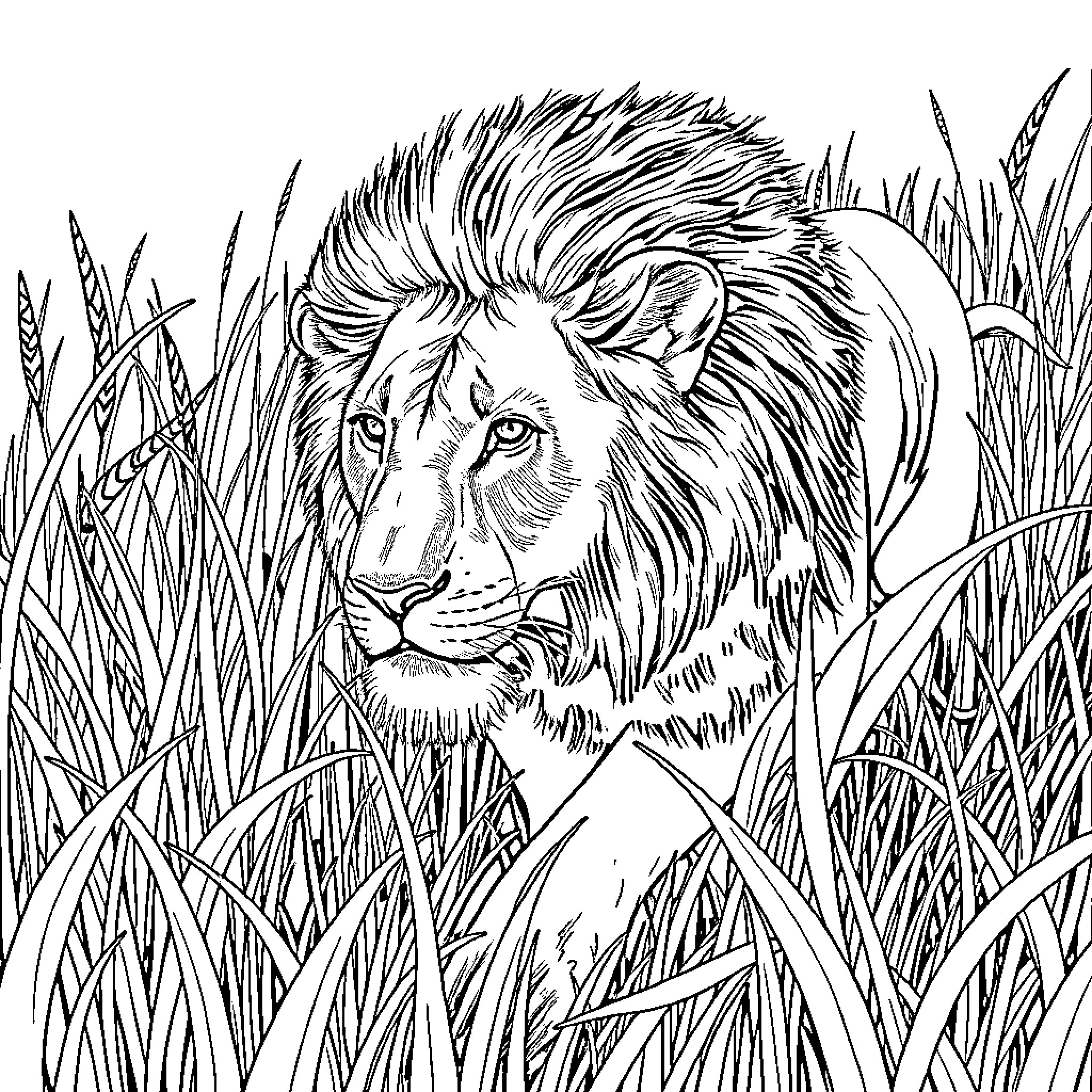 Lion in the tall grass Coloring Page (free black-and-white line drawing printable PDF for all, from beginners to advanced learners, including children, teens, adults, and seniors)