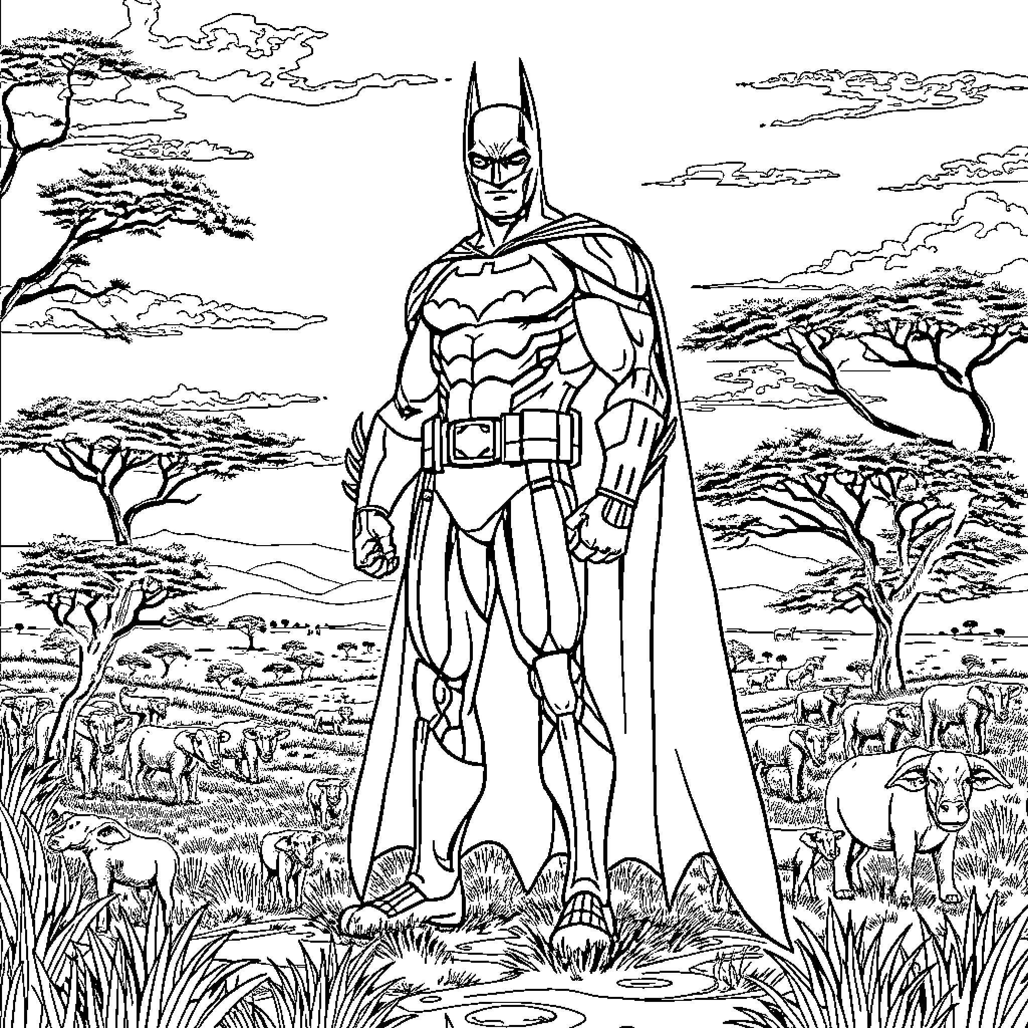 Batman standing heroically in an African savanna Coloring Page (free black-and-white line drawing printable PDF for all, from beginners to advanced learners, including children, teens, adults, and seniors)