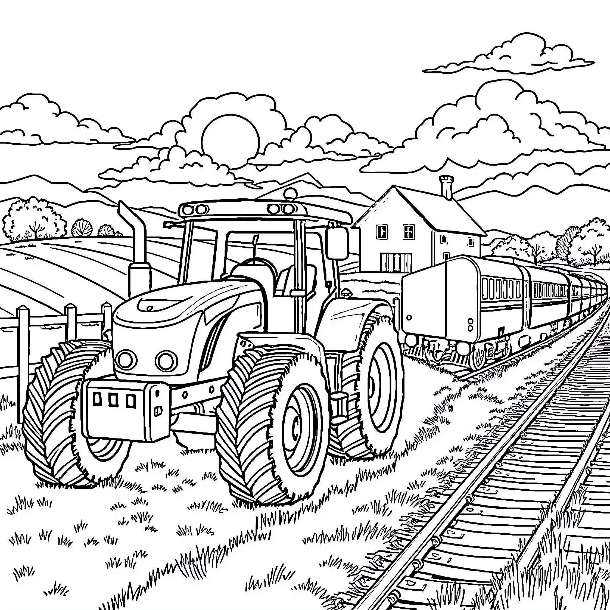 Tractor hauling train cars through countryside landscape Coloring Page (free black-and-white line drawing printable PDF for all, from beginners to advanced learners, including children, teens, adults, and seniors)