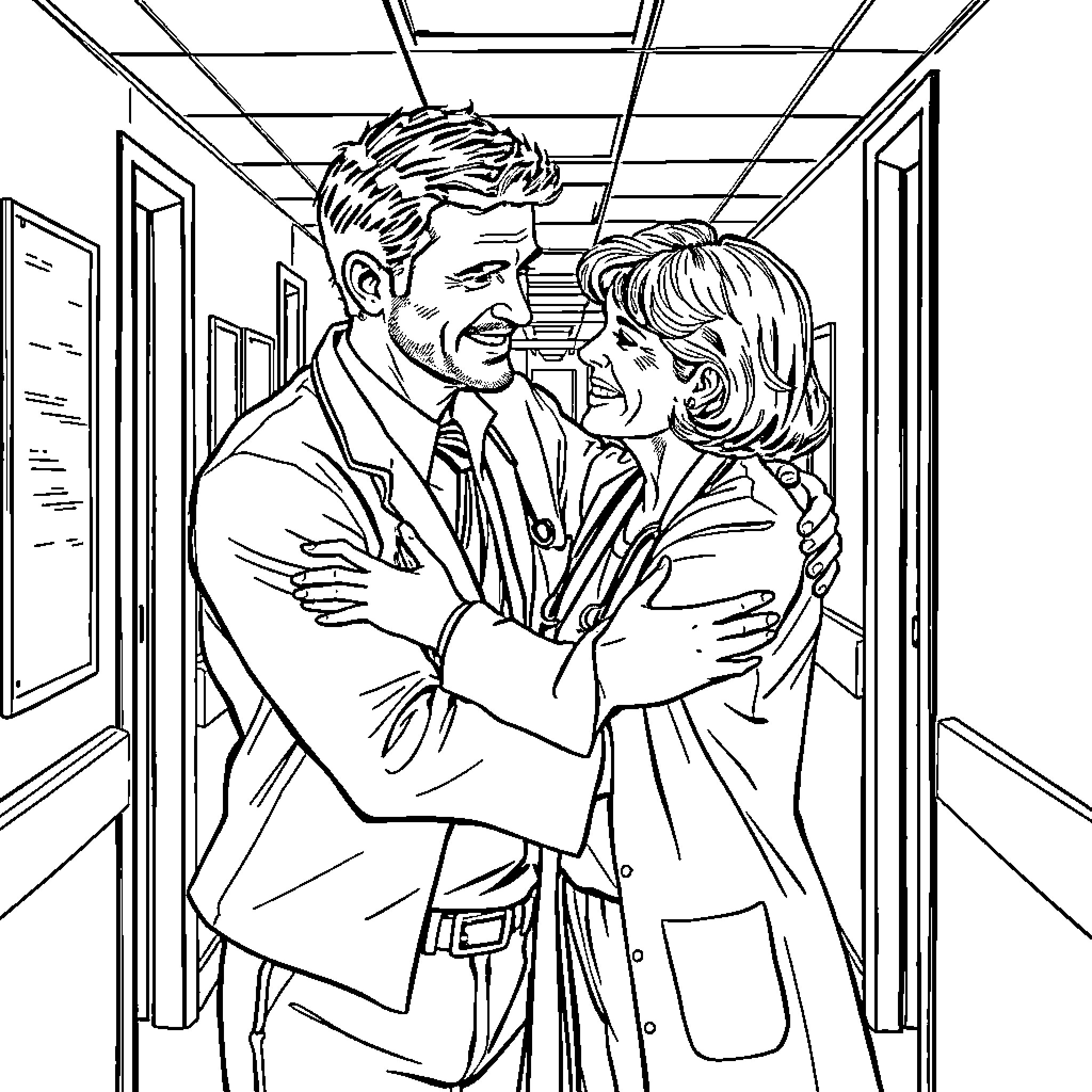 House of two strangers hugging in the hallway Coloring Page (free black-and-white line drawing printable PDF for all, from beginners to advanced learners, including children, teens, adults, and seniors)