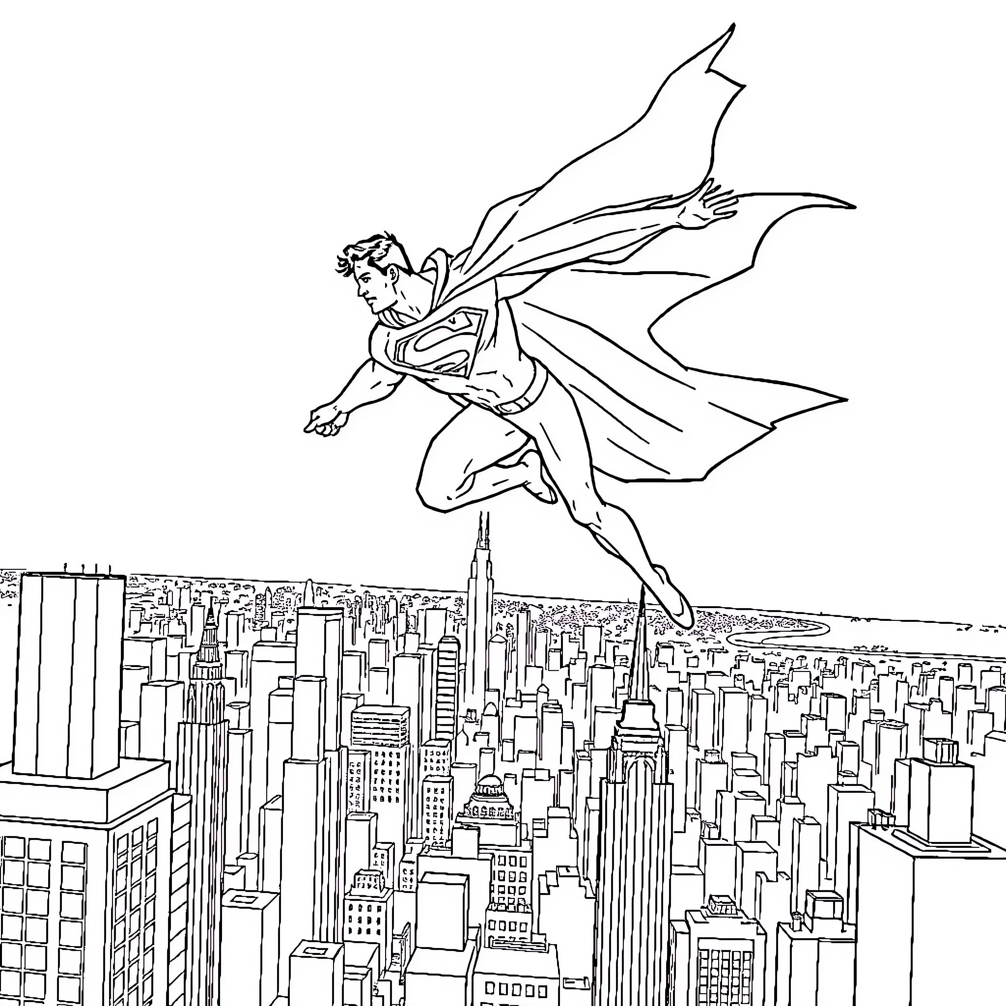 Superman soaring over the city skyline Coloring Page (free black-and-white line drawing printable PDF for all, from beginners to advanced learners, including children, teens, adults, and seniors)