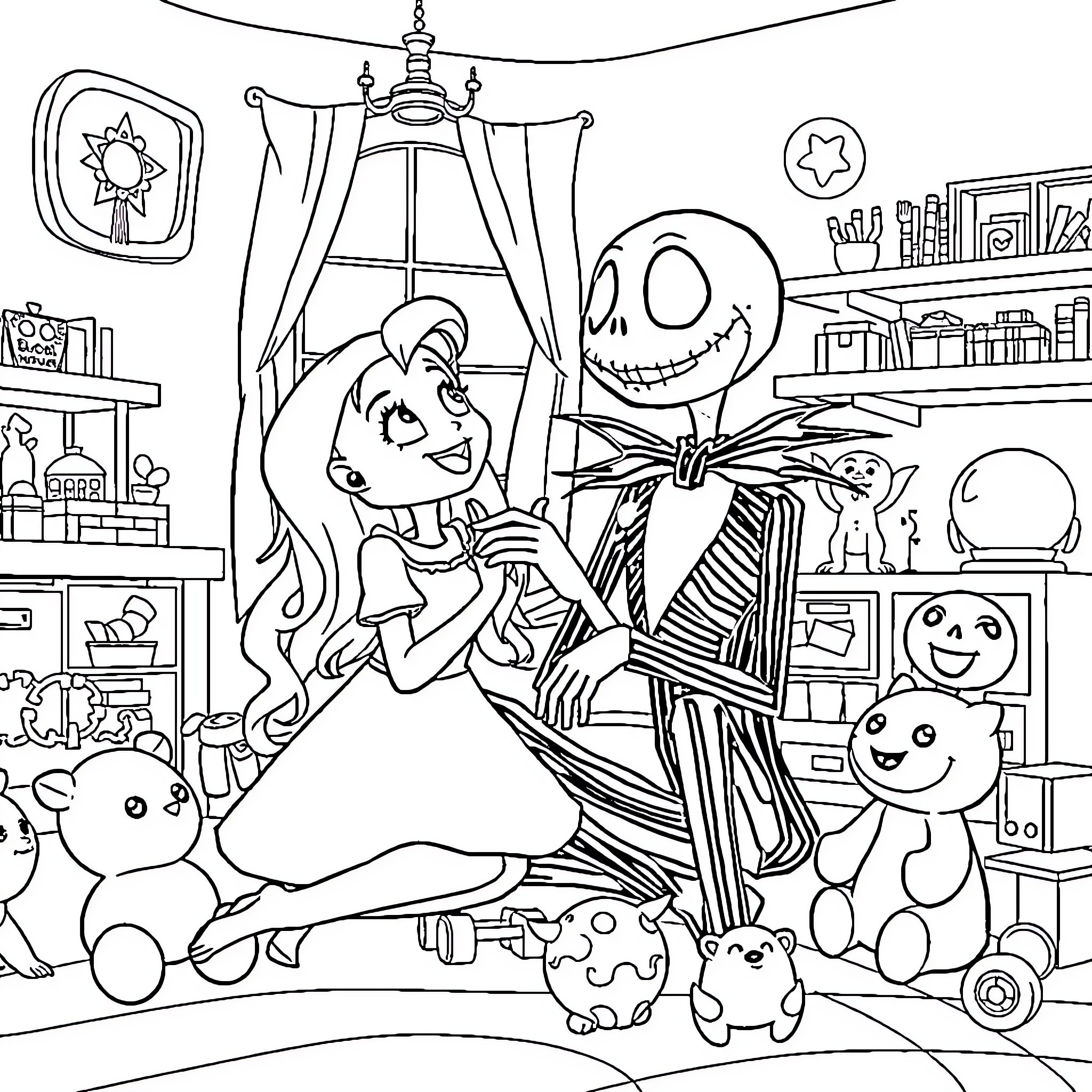 Annabelle's Whimsical Night with Spooky Friends Coloring Page (free black-and-white line drawing printable PDF for all, from beginners to advanced learners, including children, teens, adults, and seniors)