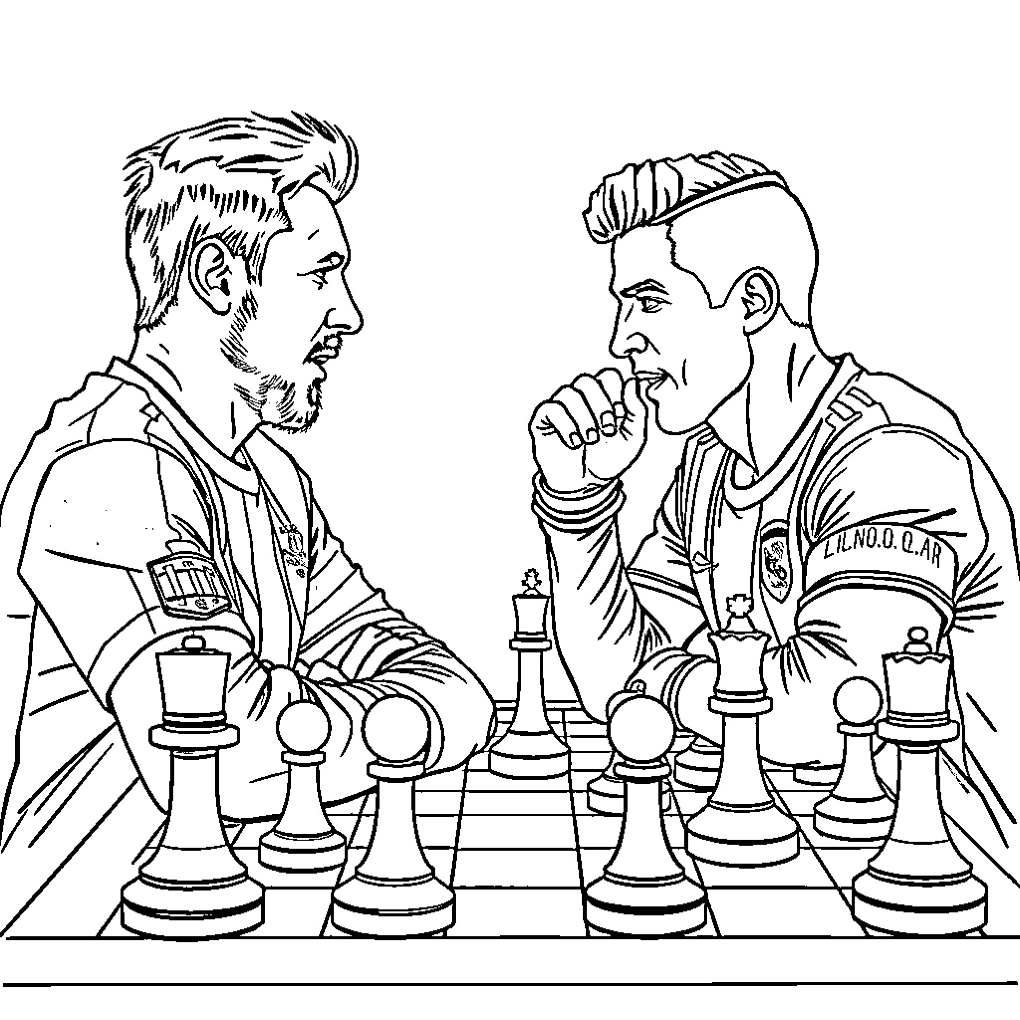 Messi and Ronaldo playing chess on the field Coloring Page (free black-and-white line drawing printable PDF for all, from beginners to advanced learners, including children, teens, adults, and seniors)