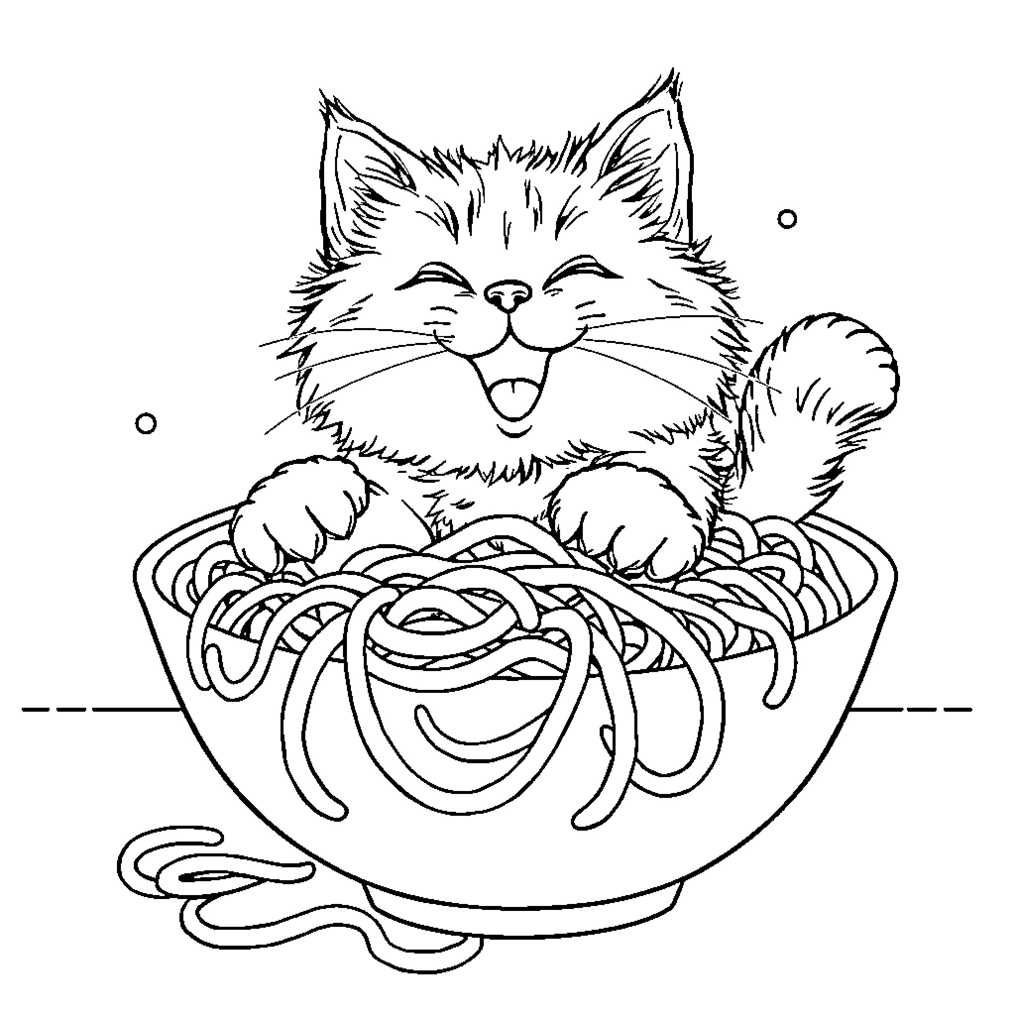 Cat enjoying a bowl of noodles Coloring Page (free black-and-white line drawing printable PDF for all, from beginners to advanced learners, including children, teens, adults, and seniors)