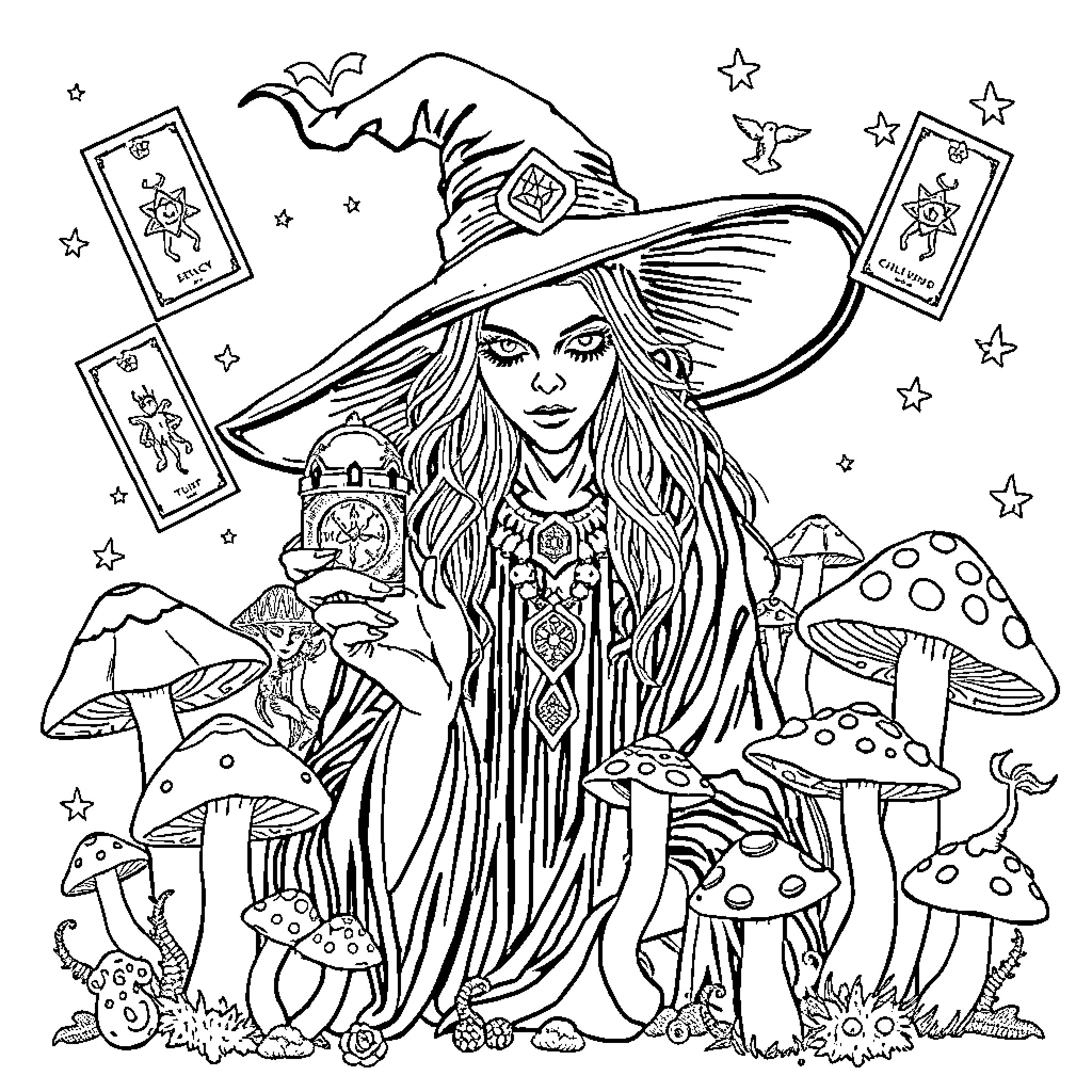 Witch with Magical Mushrooms and Tarot Cards Coloring Page (free black-and-white line drawing printable PDF for all, from beginners to advanced learners, including children, teens, adults, and seniors)