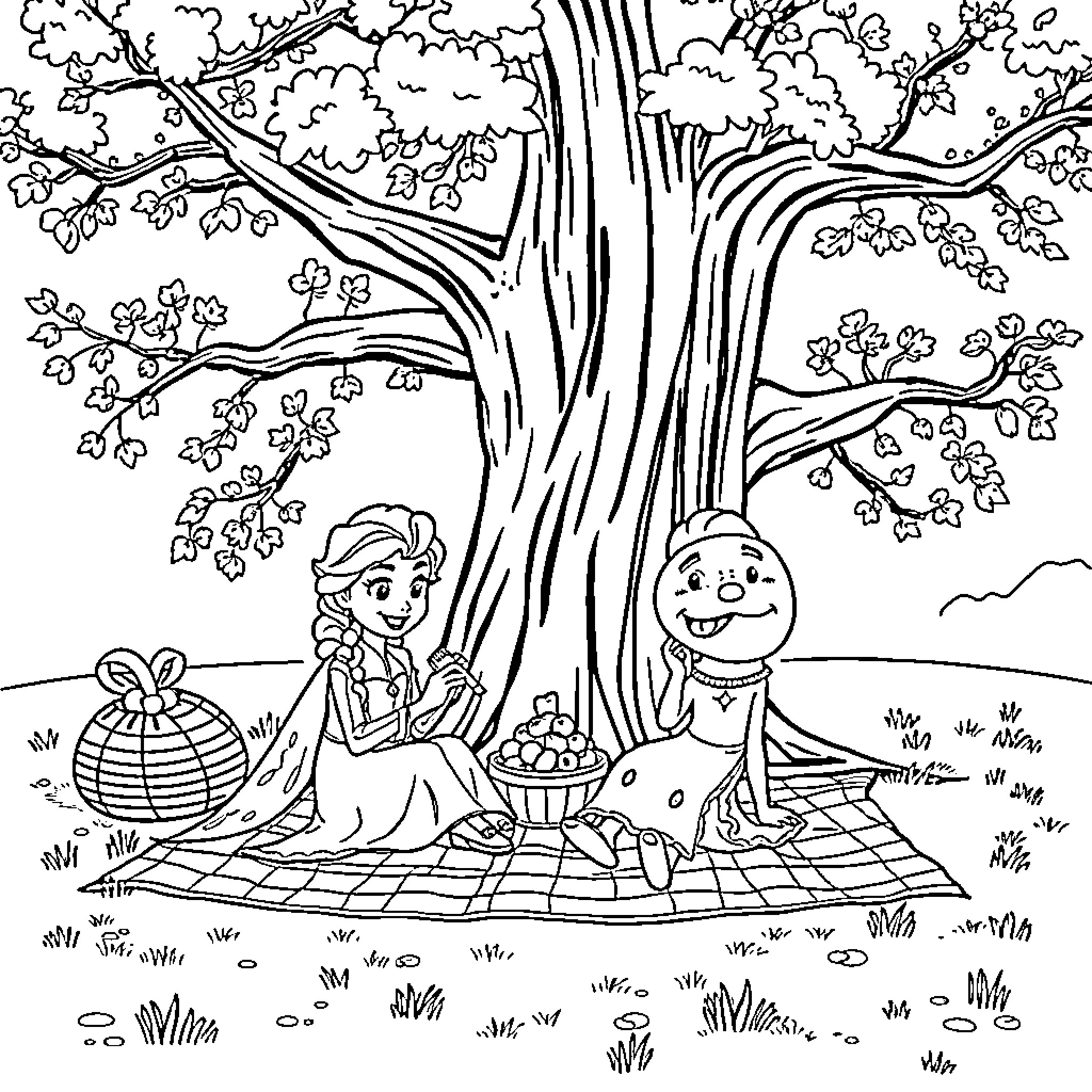 Elsa and Olaf enjoying a picnic under the tree Coloring Page (free black-and-white line drawing printable PDF for all, from beginners to advanced learners, including children, teens, adults, and seniors)