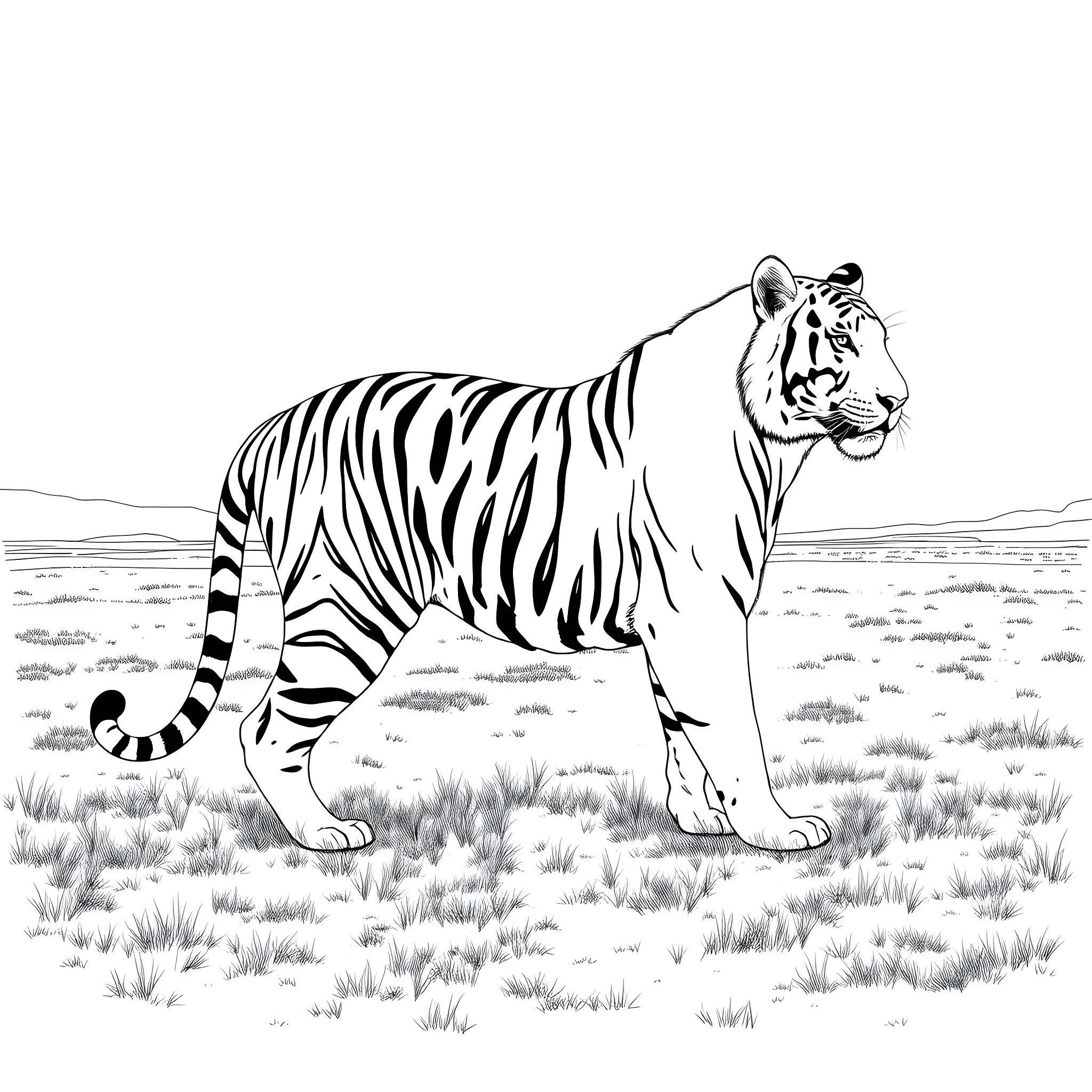 Tiger standing alert in the grasslands Coloring Page (free black-and-white line drawing printable PDF for all, from beginners to advanced learners, including children, teens, adults, and seniors)